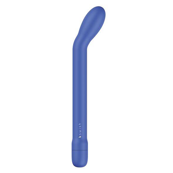 Blauer, schlanker Kurvenvibrator. Marke B Swish. Ergonomische Form mit abgerundeter Spitze und zylindrischem Schaft.