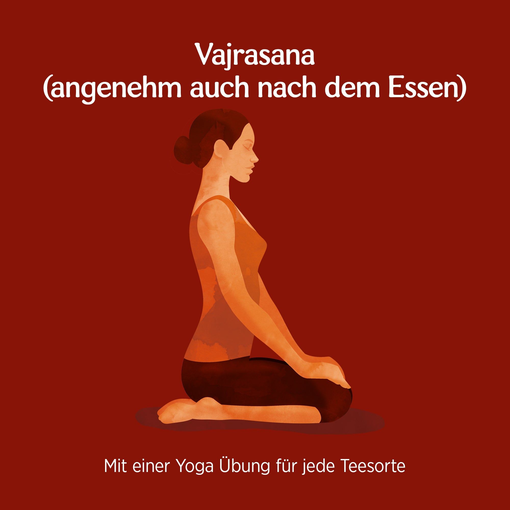 Illustration einer Frau in der Vajrasana-Yoga-Pose. Roter Hintergrund. Text: Vajrasana (angenehm auch nach dem Essen).