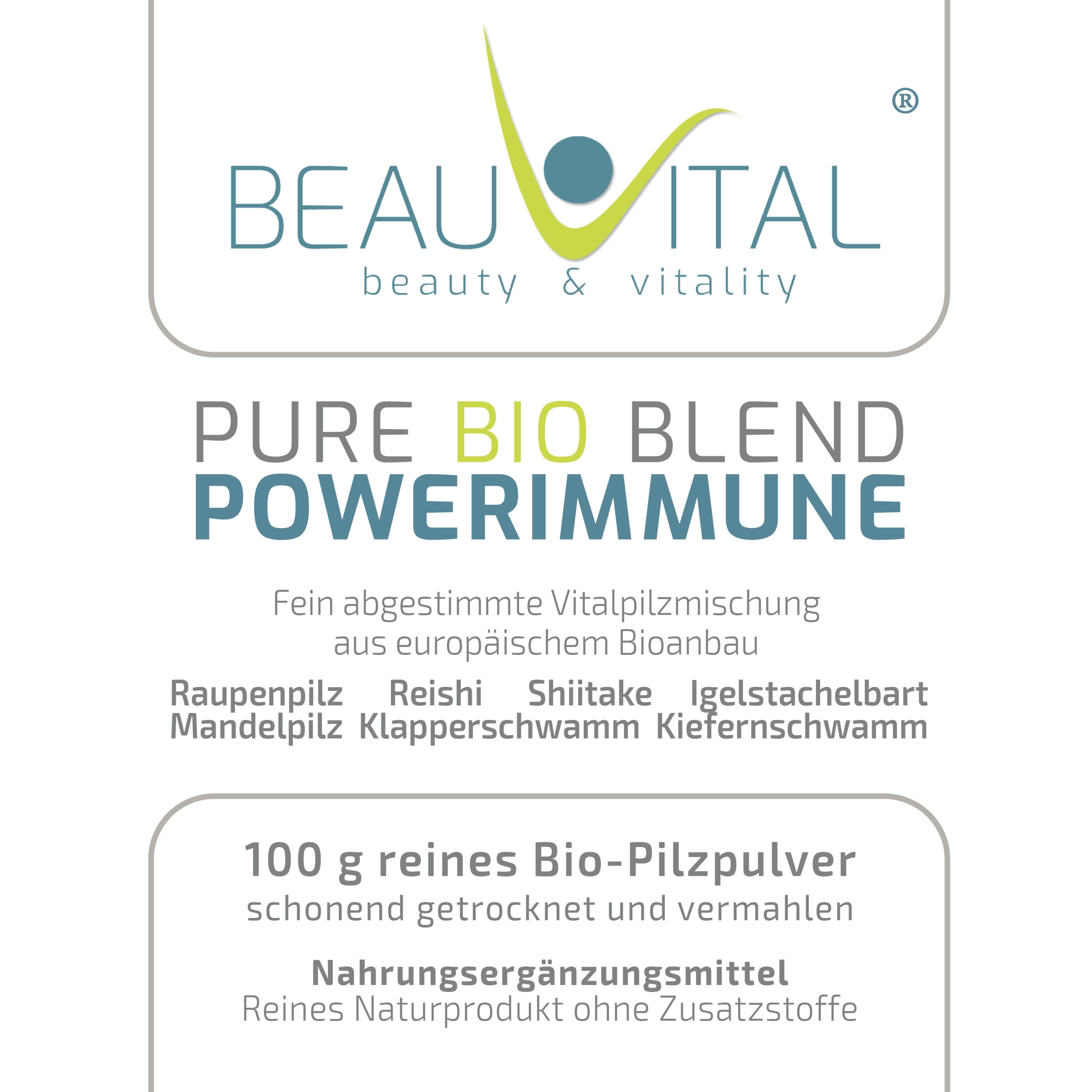 BEAUVITAL® Pure Bio Blend Powerimmune Vitalpilzpulver, Cordyceps Reishi Shiitake Hericium Agaricus