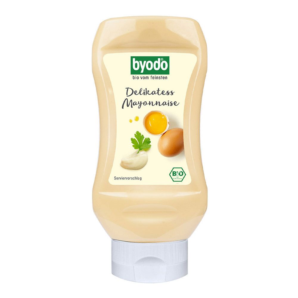 BYODO Delikatess Mayonnaise in Quetschflasche. Aufdruck mit Produktname, Ei, Petersilie und Knoblauch. Bio-Siegel.