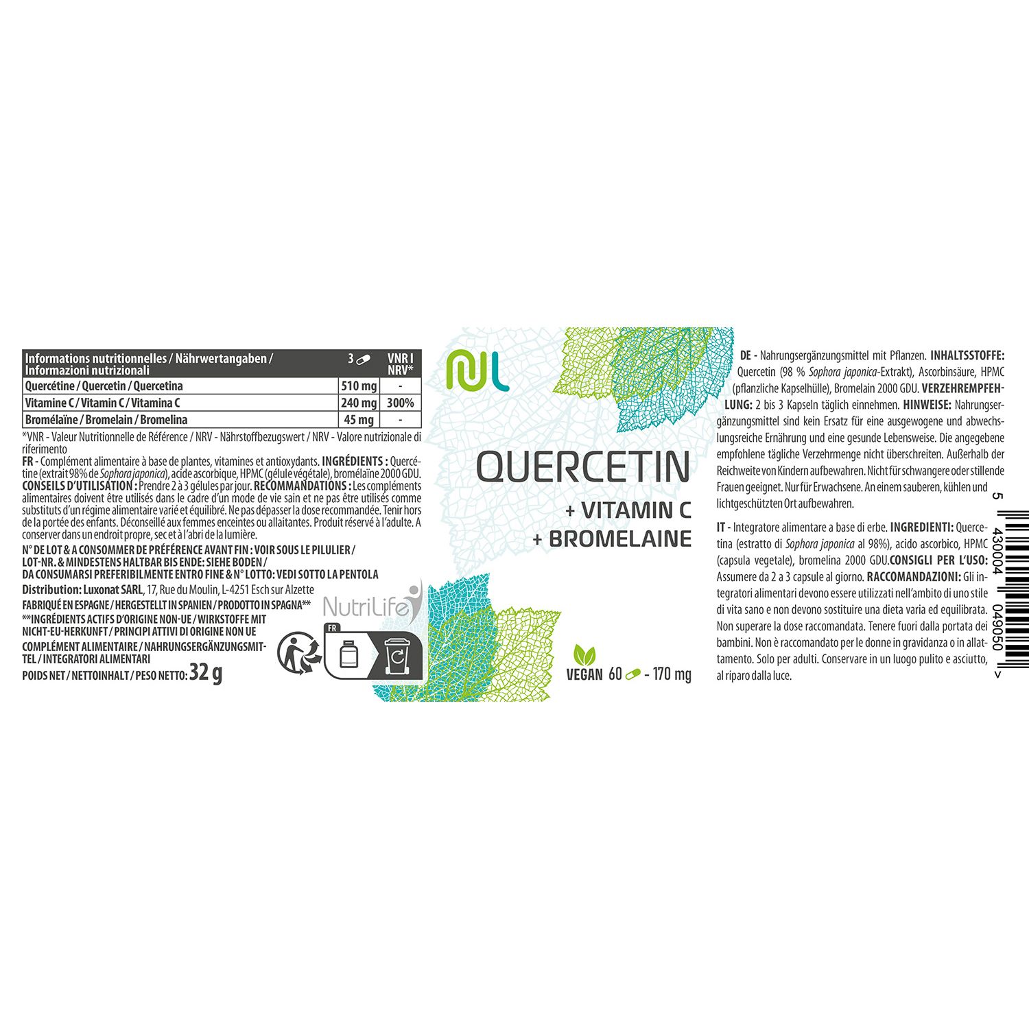 Etikett mit Produktinformationen. Aufschrift: Quercetin + Vitamin C + Bromelaine. Vegan-Siegel. Nährwertangaben und Inhaltsstoffe. Hersteller: Nutrilife.