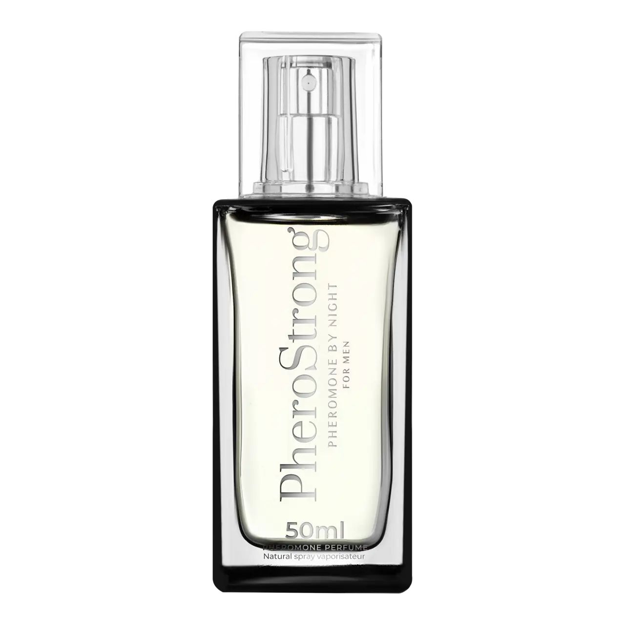 Rechteckiger Flakon mit Sprühkopf. Aufschrift PheroStrong, Pheromone By Night For Men. 50ml.