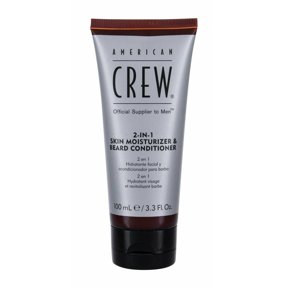 Produkt-Tube mit Text: AMERICAN CREW, 2-in-1 Skin Moisturizer & Beard Conditioner. 100 ml / 3.3 Fl. Oz.