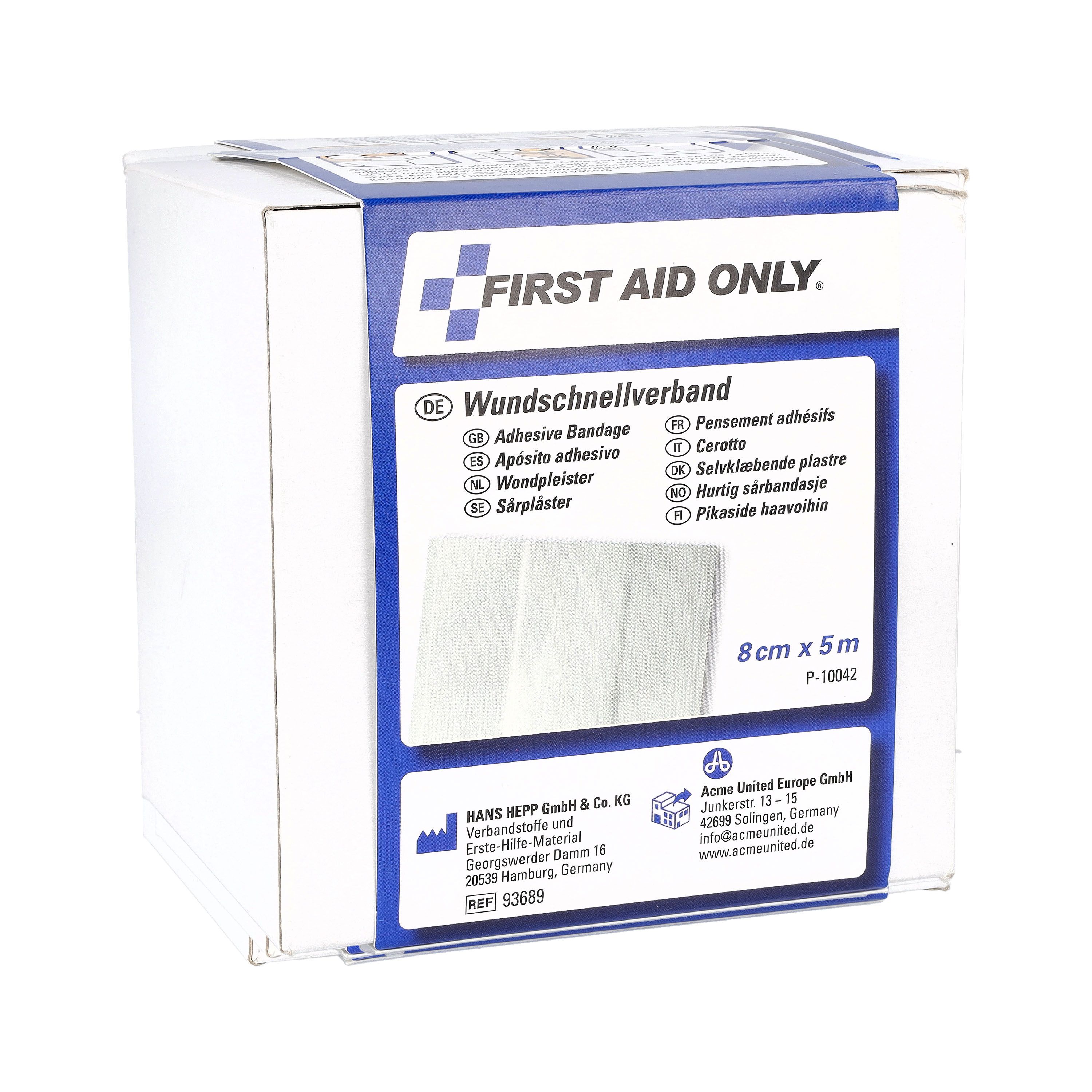 Weiße Verpackung mit Verbandrolle. Aufdruck: FIRST AID ONLY, Wundschnellverband, 8cm x 5m. Text in Deutsch, Englisch, Französisch, Italienisch, Niederländisch.