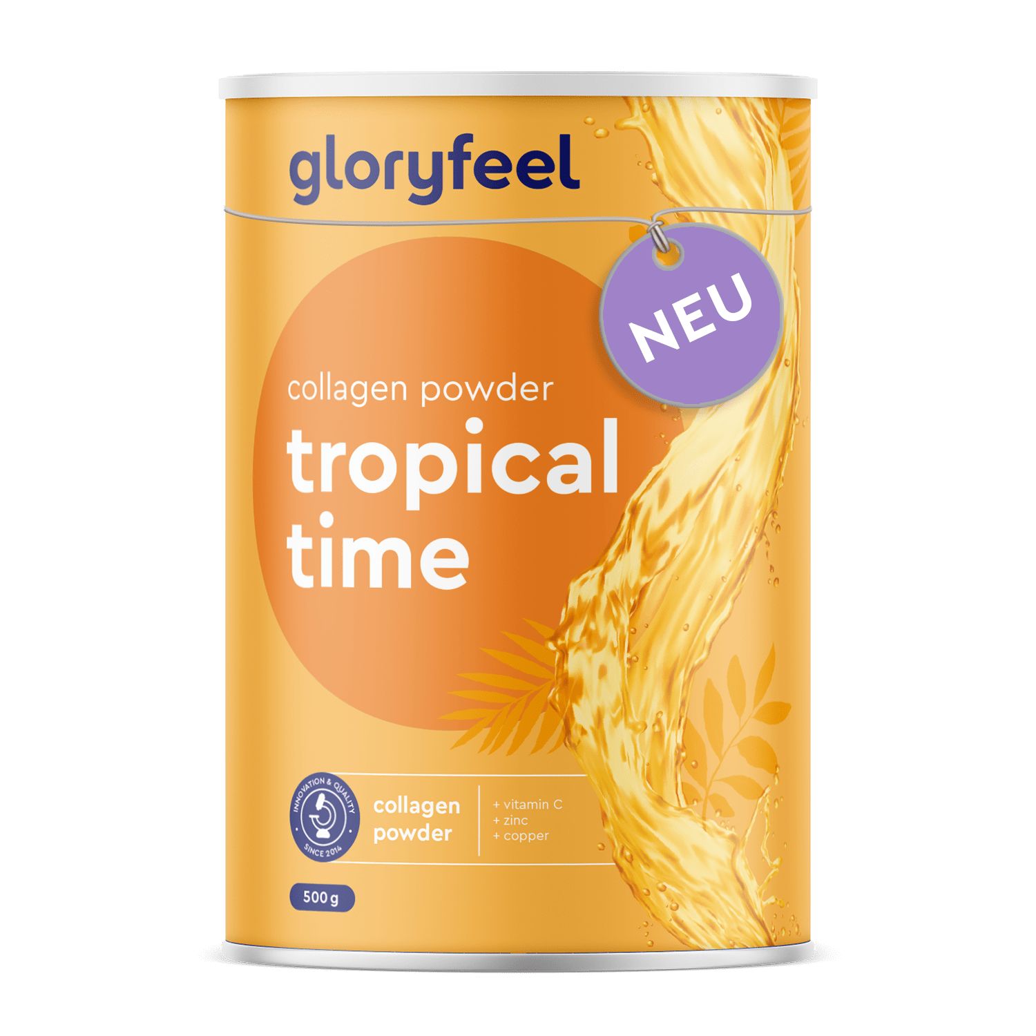 Gelbe Dose mit Produktinformationen. Aufschrift: gloryfeel, Kollagen Pulver Tropical Time. Mit lila 'NEU' Anhänger.
