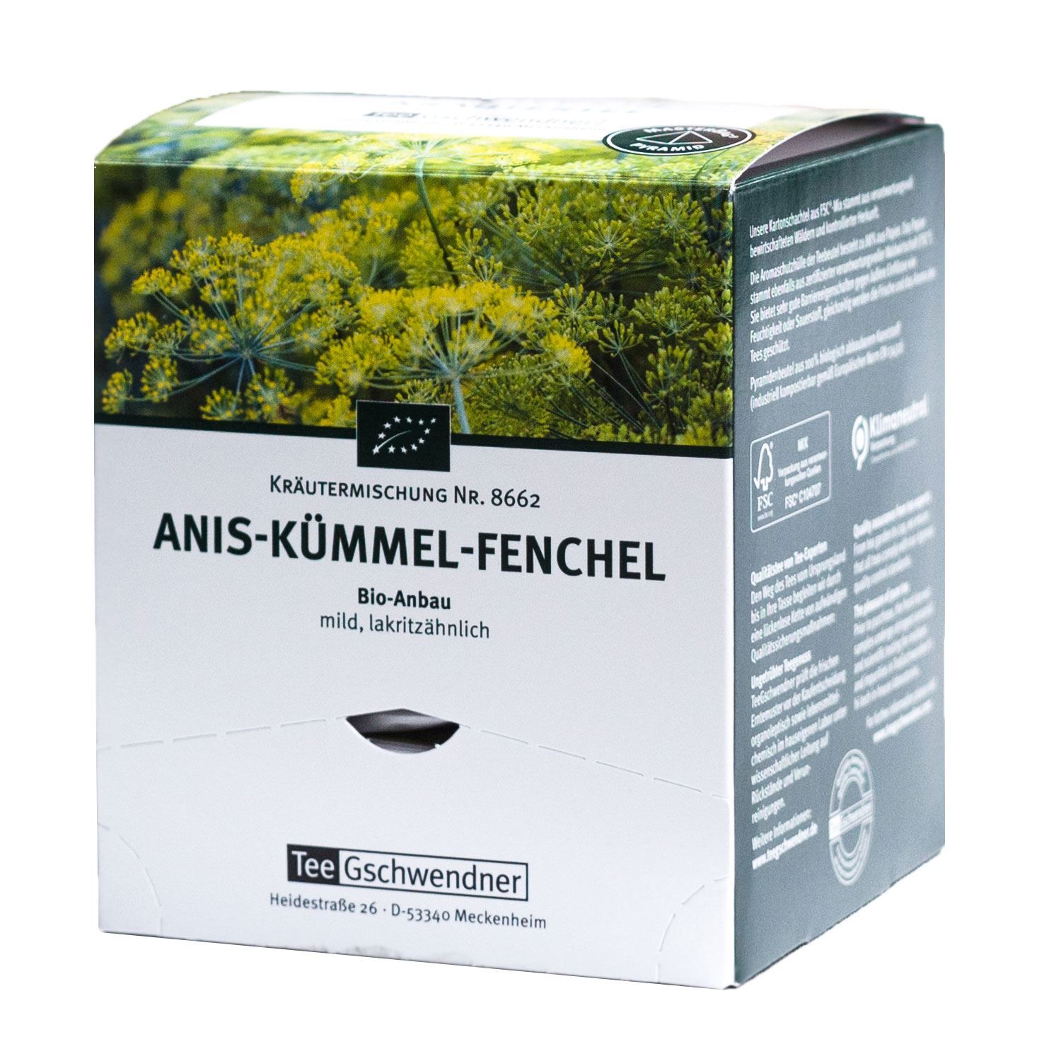 Kräutermischung Anis-Kümmel-Fenchel Bio-Anbau. Weiße Verpackung mit floralem Muster und Logo. Text: Tee Gschwendner.