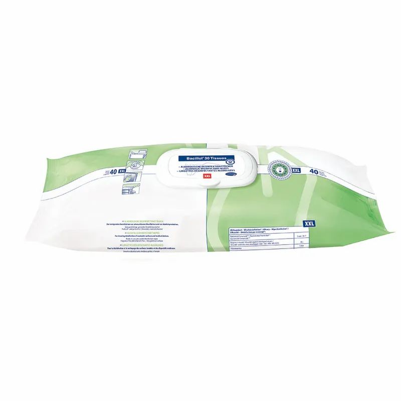 Verpackung mit Reinigungstüchern. Weiß-grüne Verpackung mit Aufschrift "Bacillol 30 Tücher". Mit Verschluss.