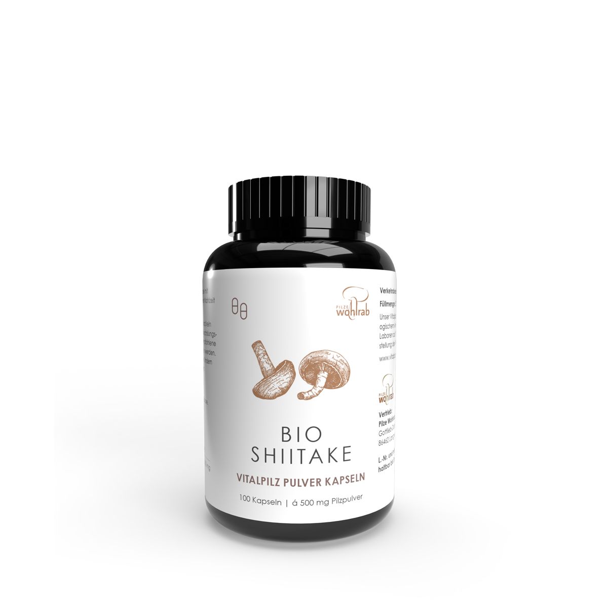 Braune Kapsel-Dose mit schwarzem Deckel. Etikett mit "Bio Shiitake" und Pilz-Illustration. "Vitalpilz Pulver Kapseln".