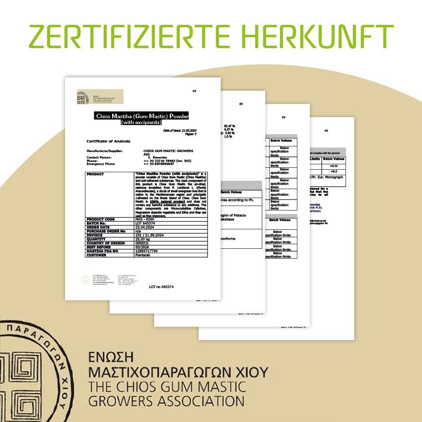 Mehrere Dokumente mit Text und Tabellen. Logo: Enosi Mastichoparagogon Chiou, The Chios Gum Mastic Growers Association.