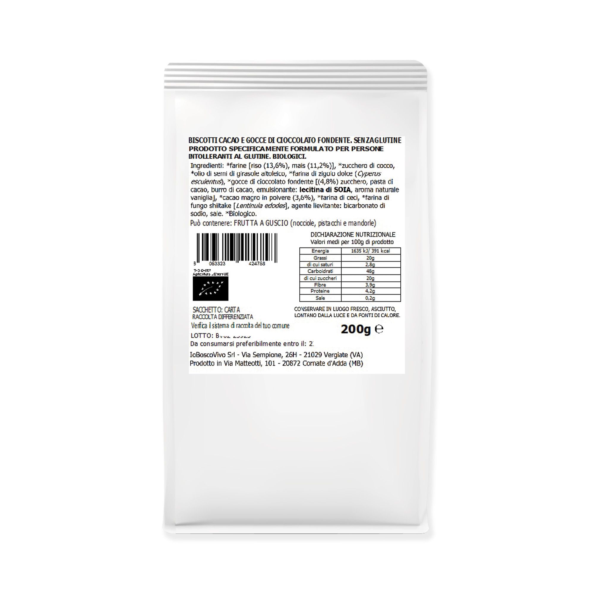 Rückseite der Verpackung IoBoscoVivo glutenfreie Bio-Kekse mit Nährwertangaben und Bio-Siegel.