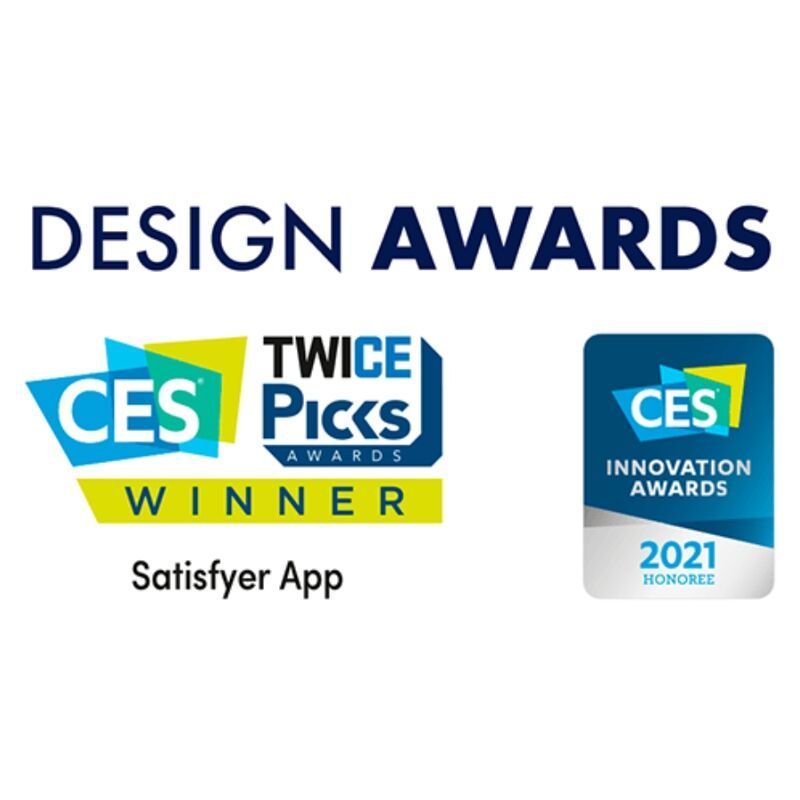 Design Awards. Logos: CES, TWICE Picks Awards, CES Innovation Awards 2021. Text: 'Satisfyer App'.