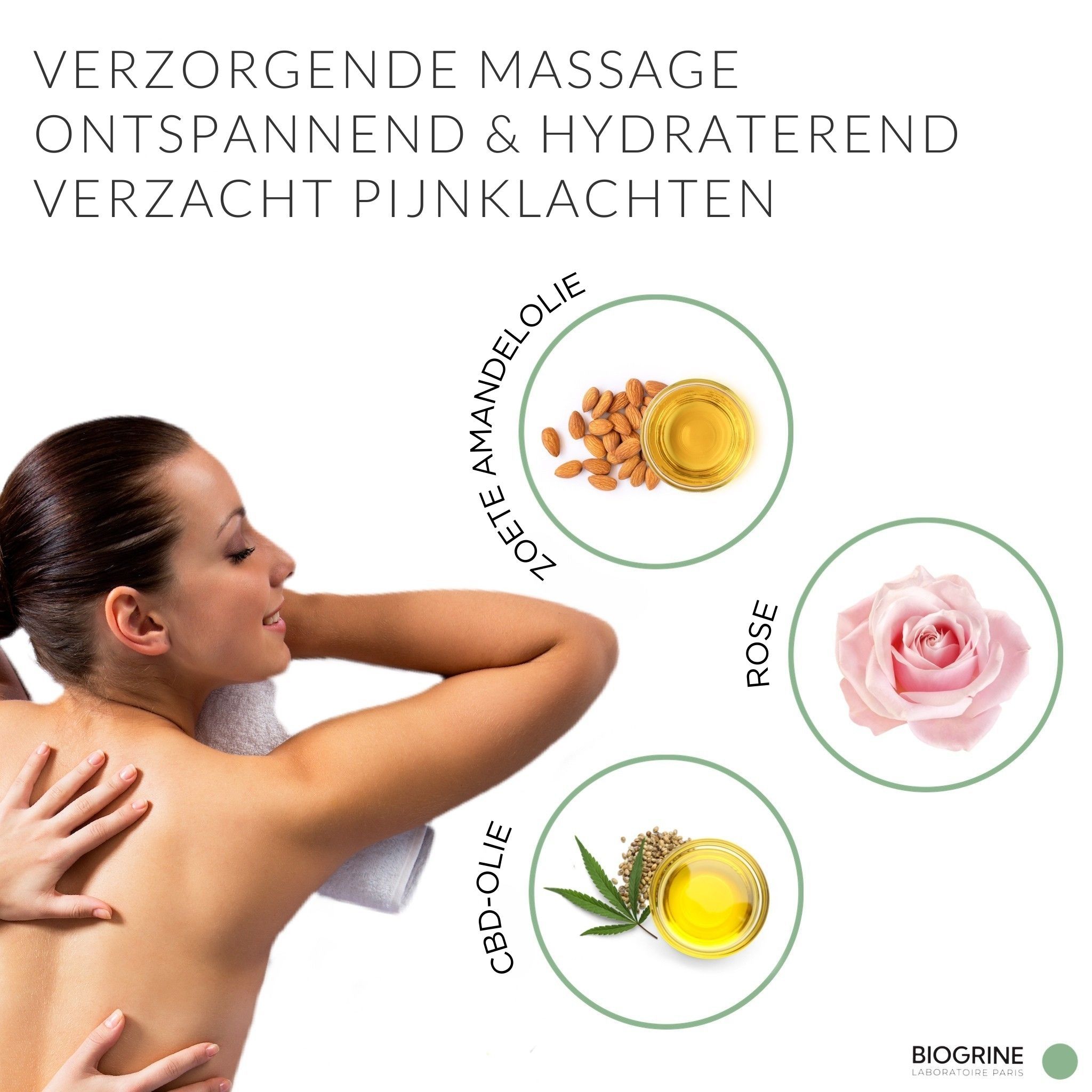 Vrouw krijgt massage. Tekst: Zoete amandelolie, CBD-olie, rozen. BIOGRINE logo.