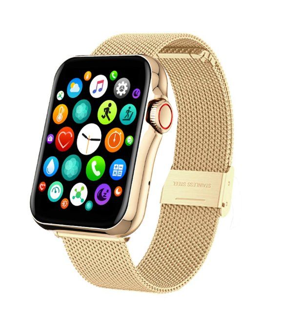 Goldene Smartwatch mit Mesh-Armband. Schwarzes Display mit bunten App-Symbolen. Roter Knopf an der Seite. "STAINLESS STEEL" auf dem Verschluss.