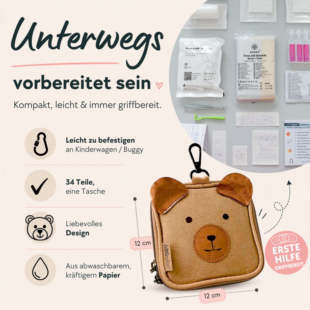 Erste-Hilfe-Tasche in Bärenform mit Reißverschluss und Karabinerhaken, Maße 12x12 cm.