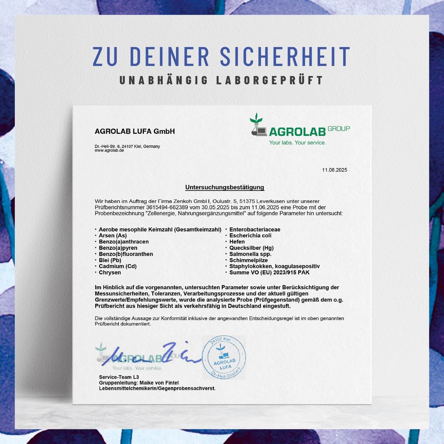 Zertifikat der Agrolab LUFA GmbH. Text: Untersuchungsergebnis. Analyse von Nahrungsergänzungsmitteln.