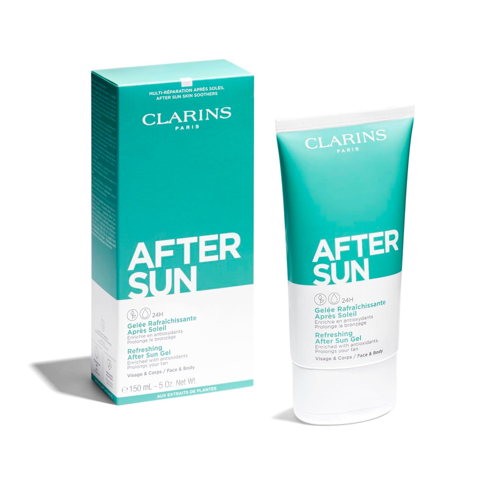 Clarins After Sun Gel Tube und Schachtel. Türkis-weiße Tube und Schachtel mit Text.