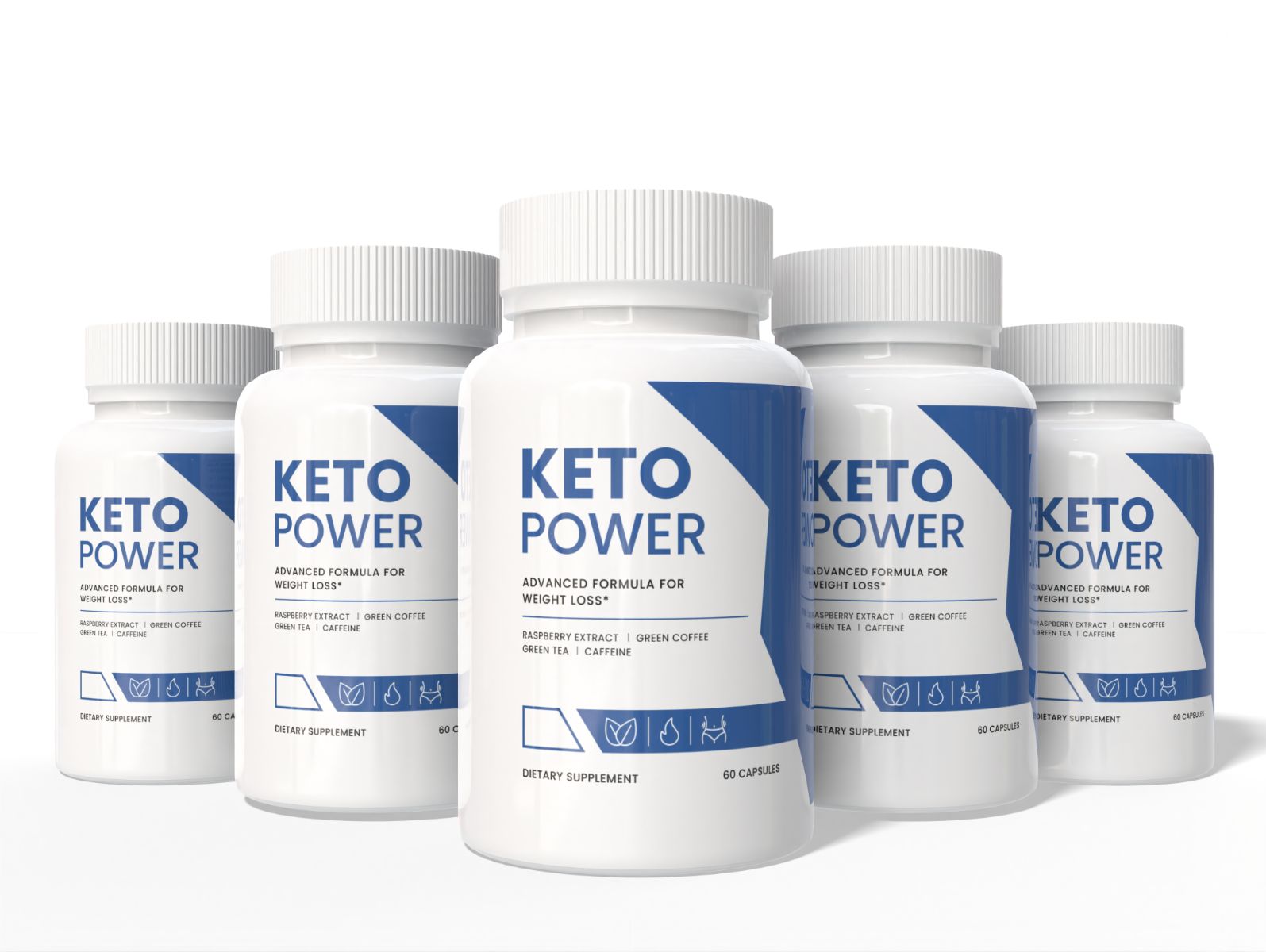 Fünf weiße Kapselbehälter für Keto Power, 60 Kapseln pro Behälter.