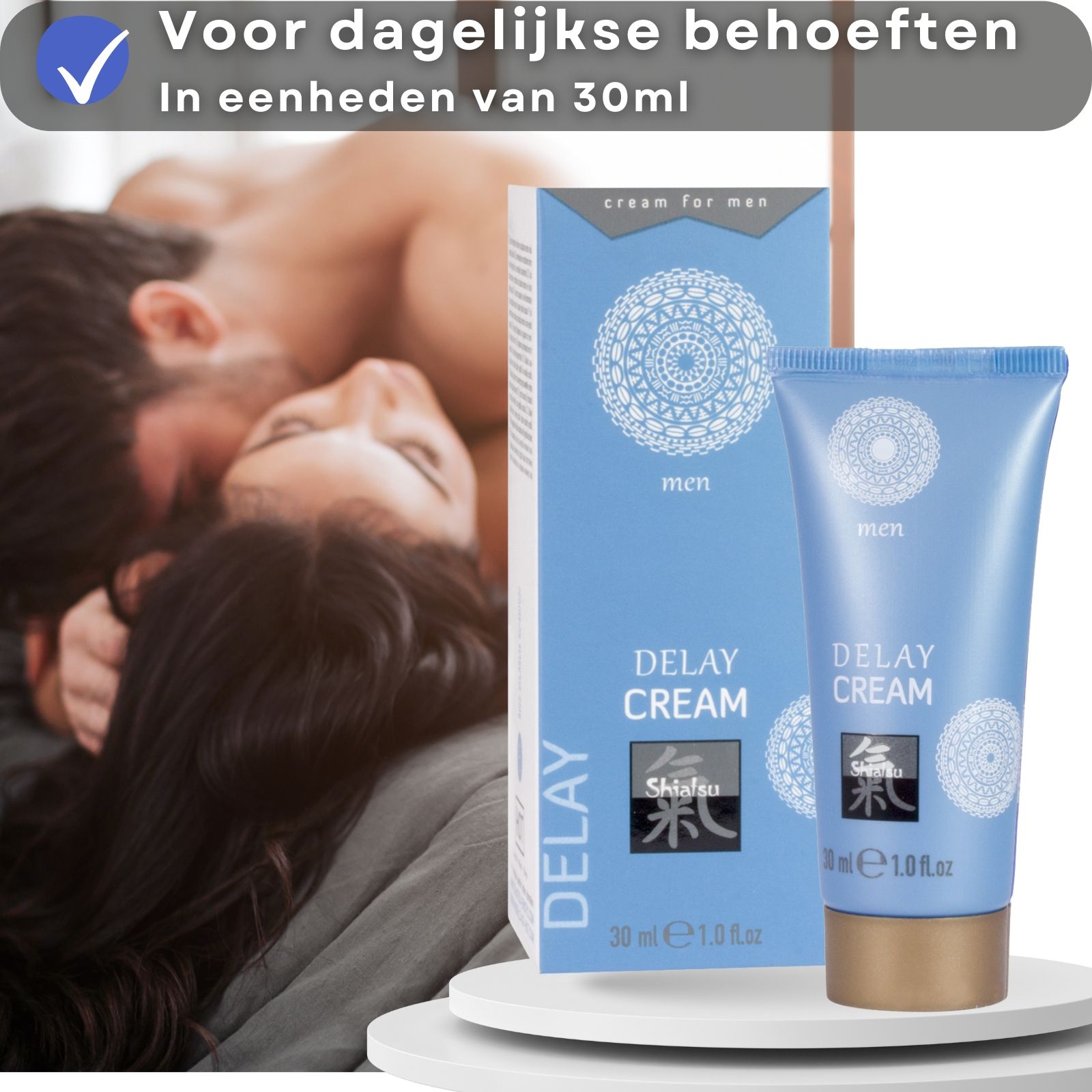 Blauwe tube en doos. Tekst: voor dagelijkse behoeften, 30 ml.