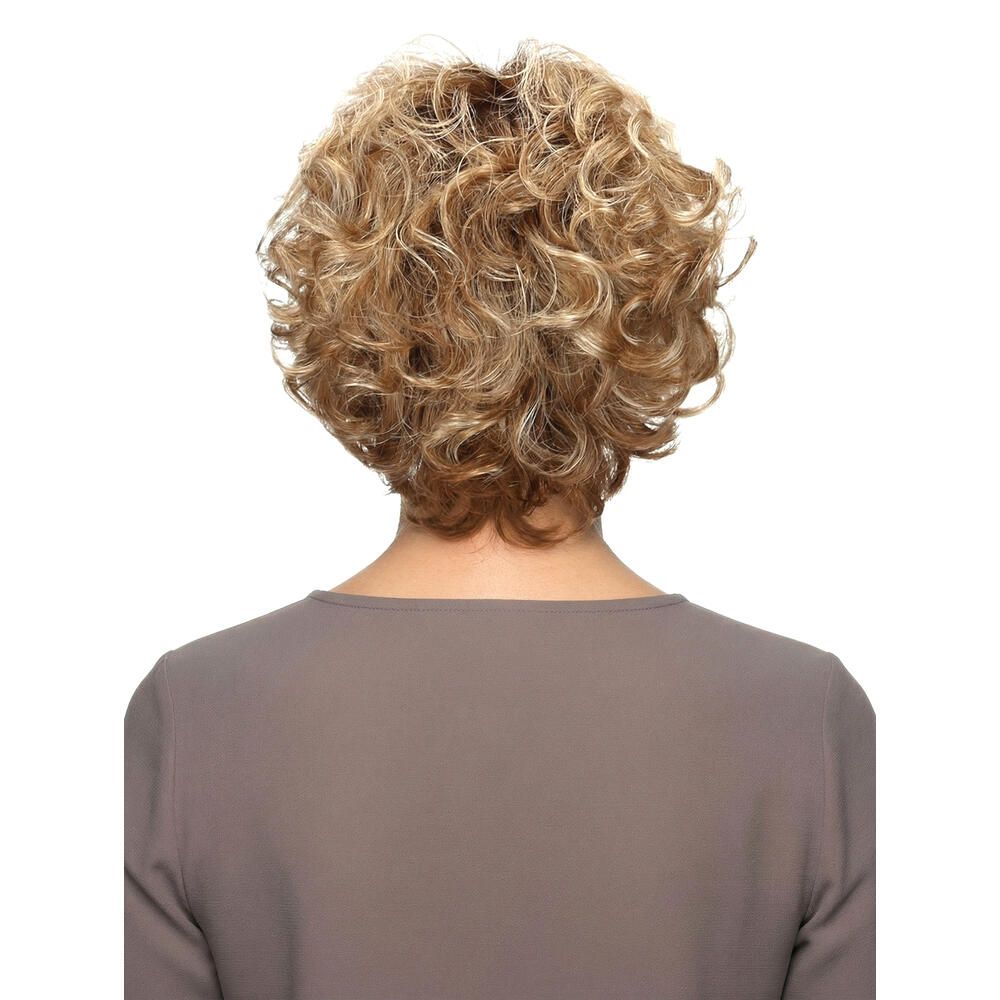 Kurze, blonde Perücke mit Locken. Rückansicht. Die Haare sind wellig und haben blonde Strähnen.