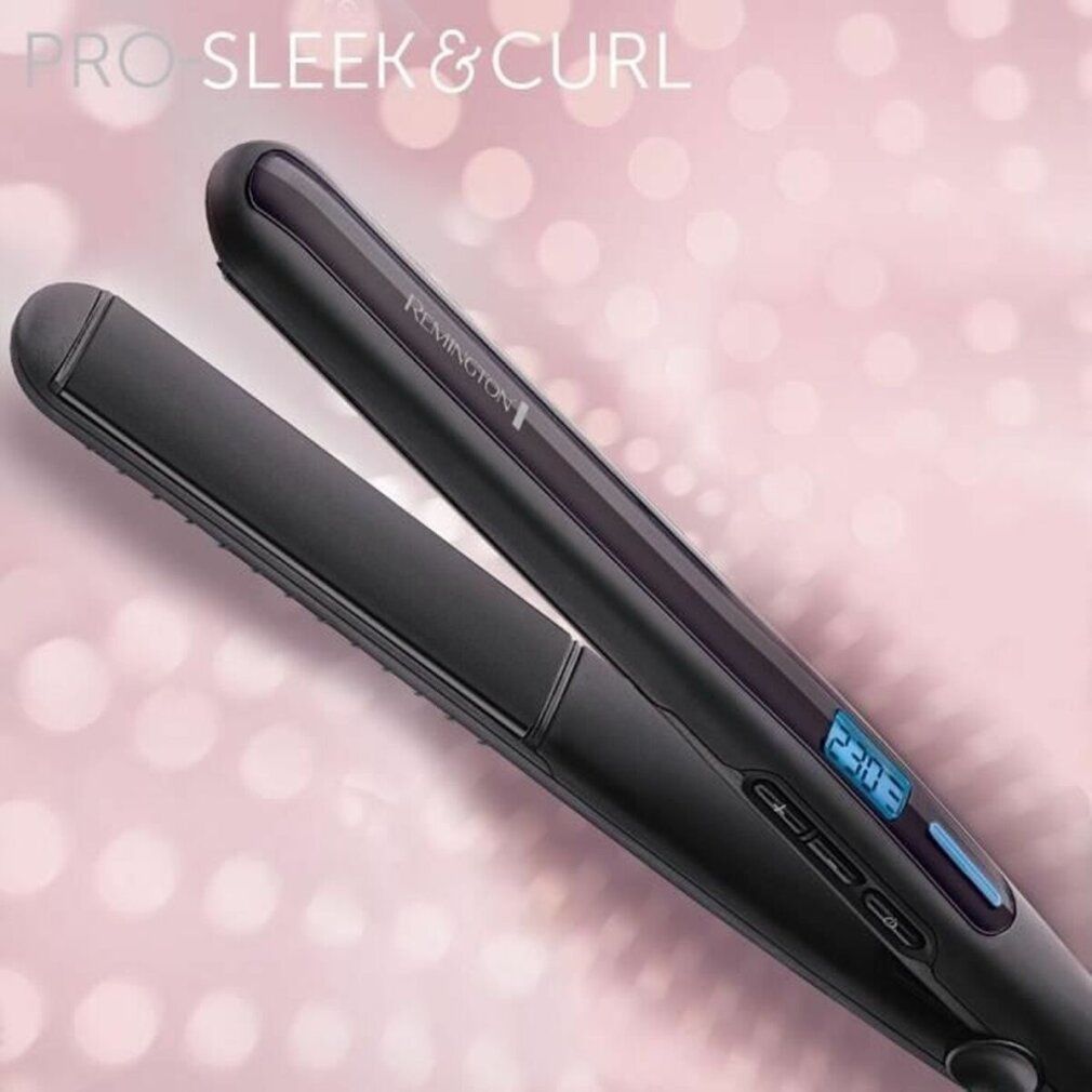 Schwarzes Glätteisen mit digitaler Anzeige. Text: PRO SLEEK & CURL.
