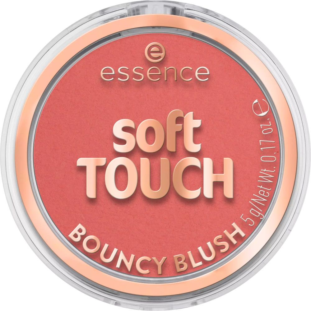 Runder Rouge-Behälter mit rosa Inhalt. Aufschrift: Soft Touch Bouncy Blush. Marke: essence.