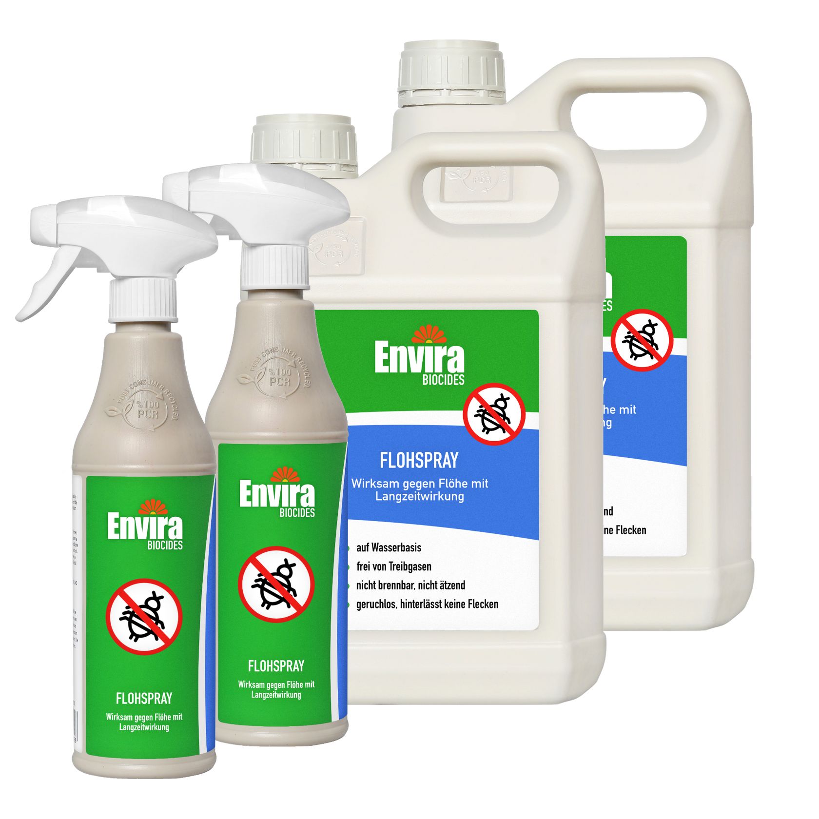 Produktbild zeigt Envira Flohspray Produkte: zwei Sprühflaschen und zwei größere Flaschen mit Griff. Alle Flaschen haben das Envira-Logo und Informationen zum Produkt. Die größeren Flaschen sind für Nachfüllzwecke.