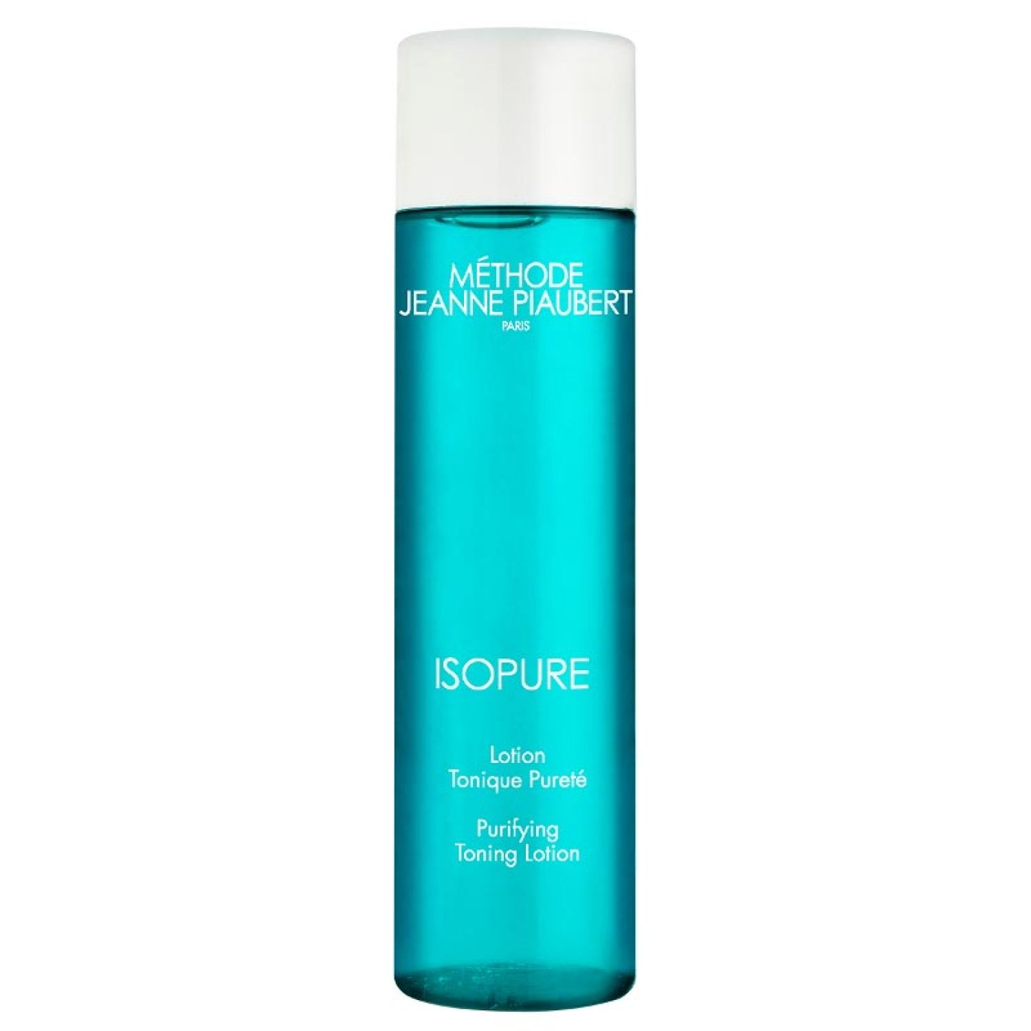 Zylindrische Flasche mit blauem Inhalt und weißem Deckel. Aufschrift: Méthode Jeanne Piaubert, Isopure, Purifying Toning Lotion.