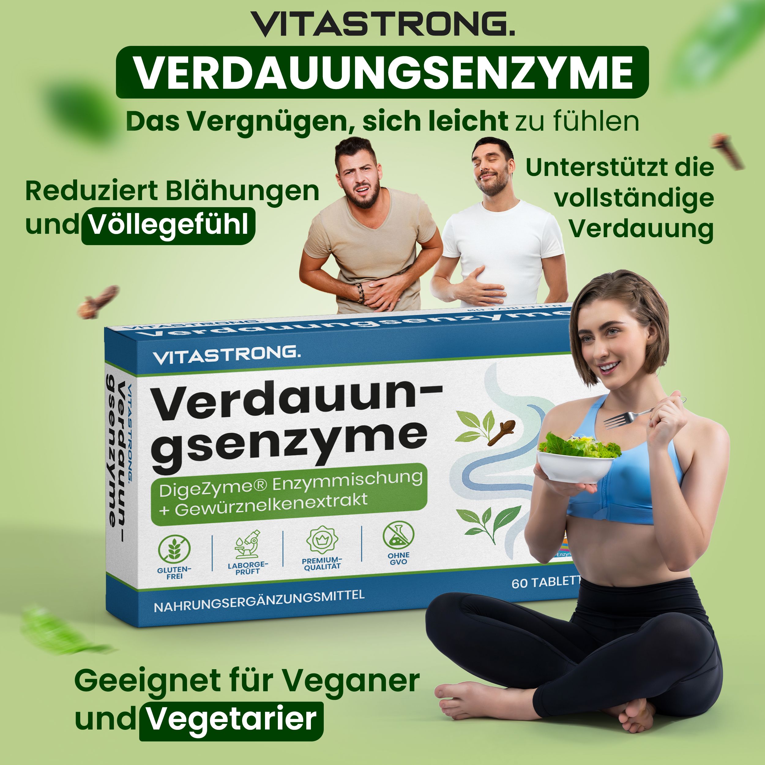 Produktverpackung. Marke: Vitastrong. Produkt: Verdauungsenzyme. 60 Tabletten. Personen im Hintergrund.