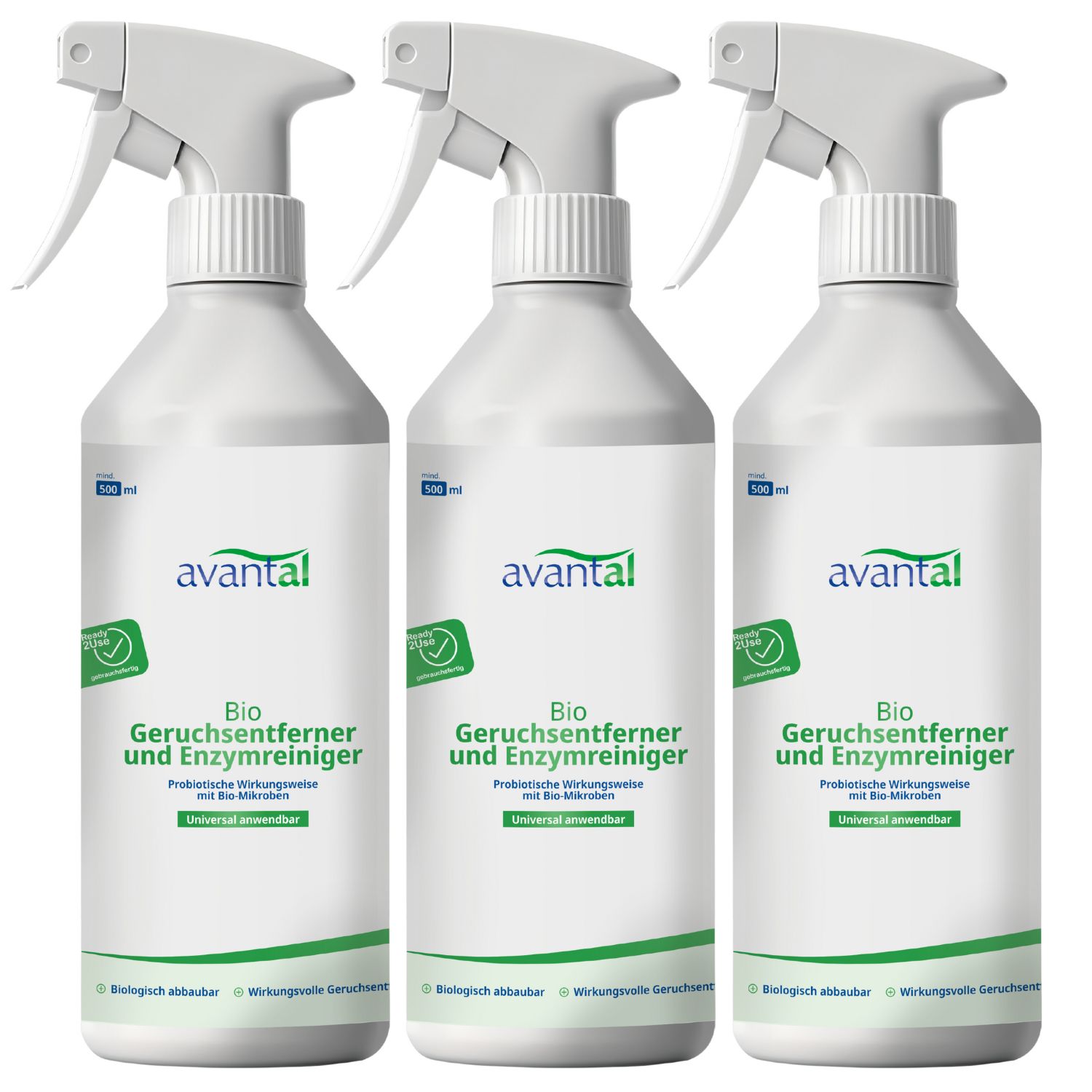 Drei weisse Sprühflaschen mit grünem Etikett. Avantal-Logo. Text: Geruchsneutralisierer & Enzymreiniger. 100 ml.