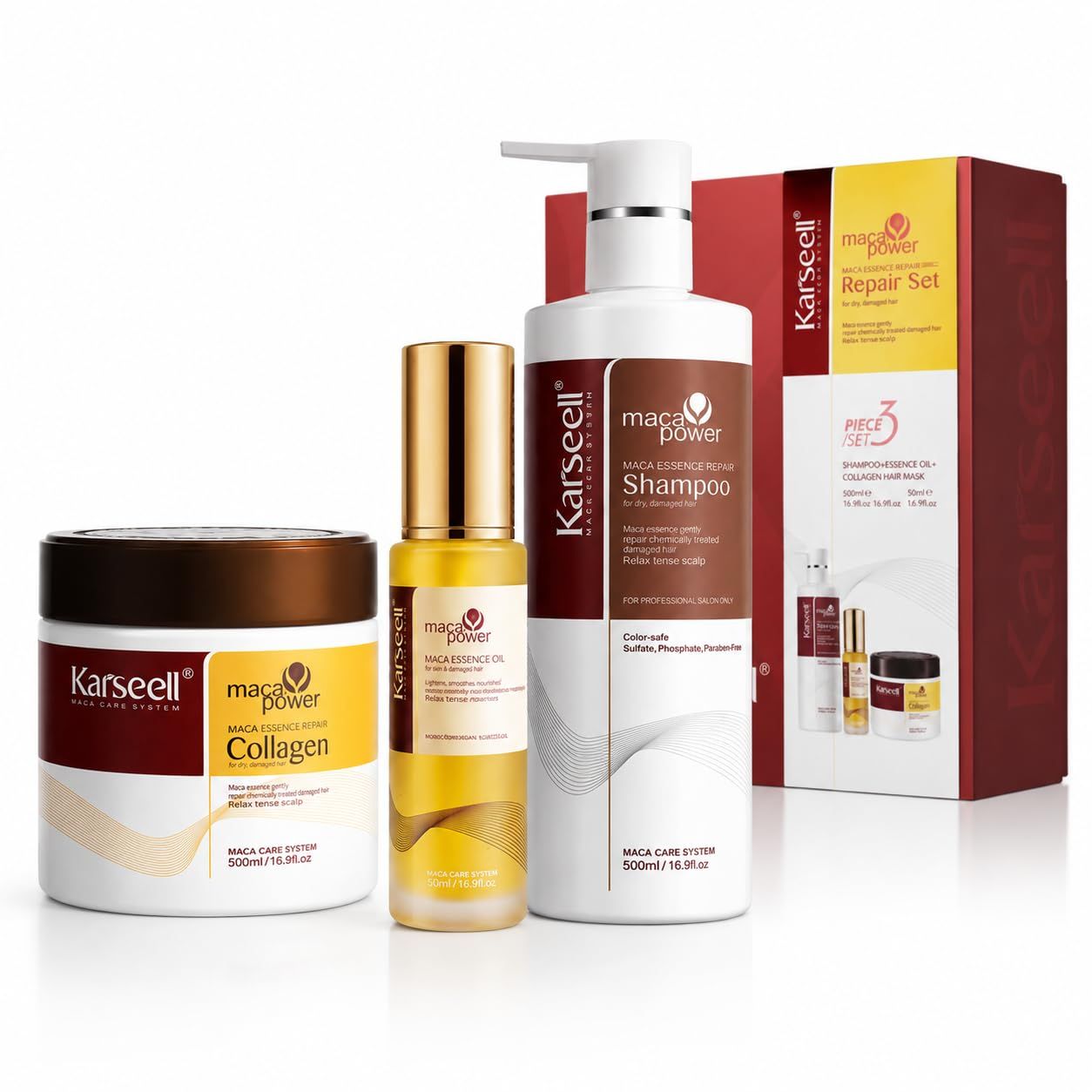 Karseell 3-teiliges Haarpflege-Set: Shampoo Kollagenmaske und Arganöl-Serum 1050 ml Zahncreme