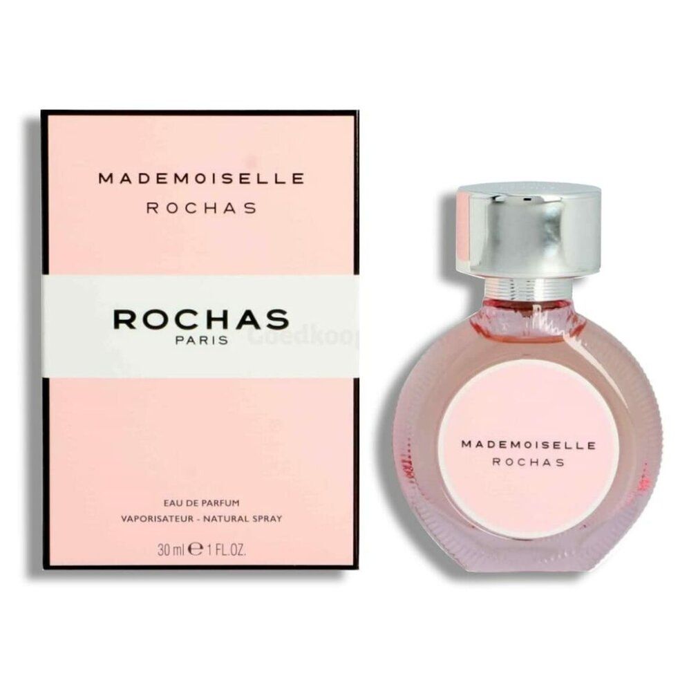 Parfümflakon und Schachtel. Rosa Flakon mit silbernem Verschluss. Aufschrift: Mademoiselle Rochas, Rochas Paris. Schachtel mit Logo.