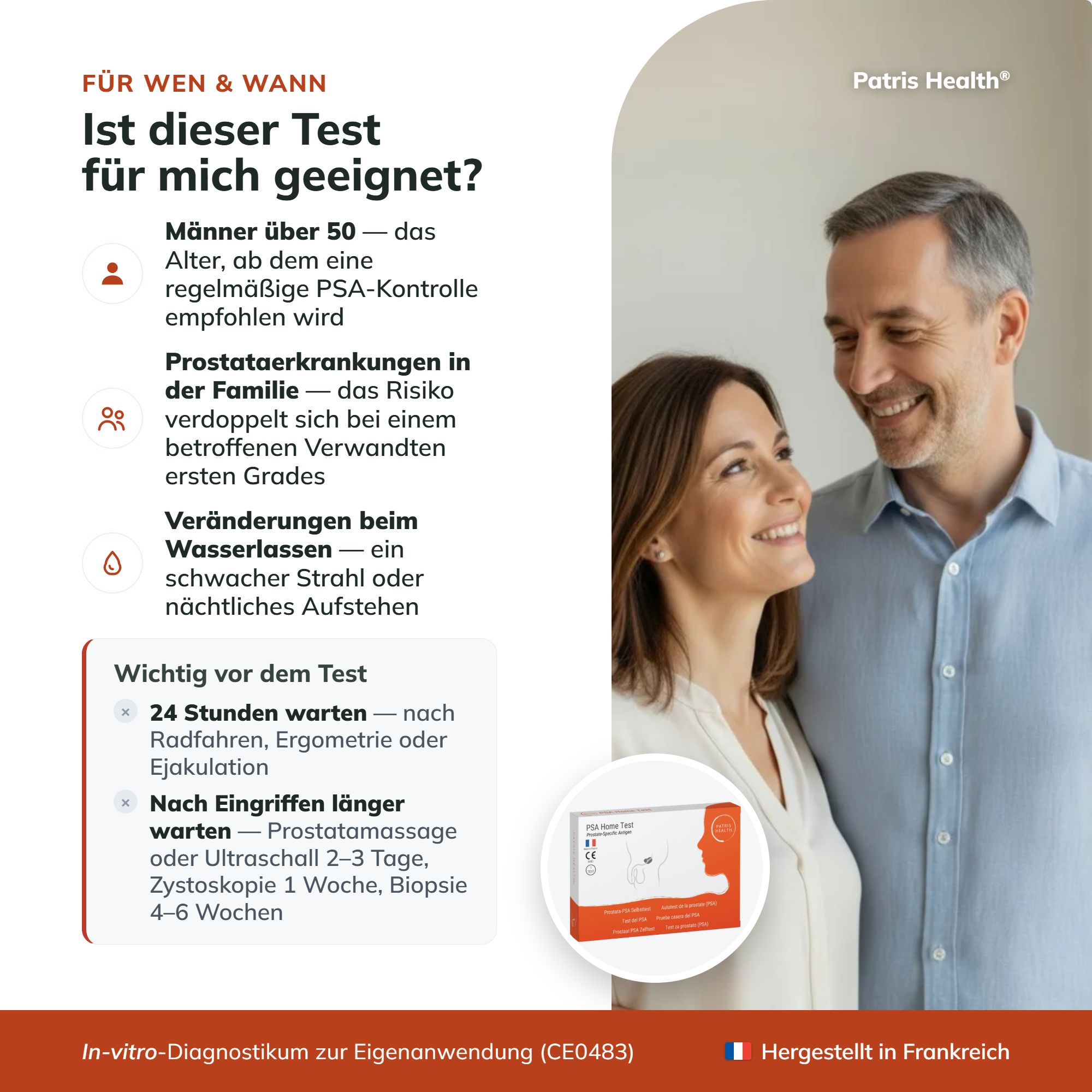 Precauzioni per il test PSA Home: diagnostica in vitro, non ingerire, leggere le istruzioni.