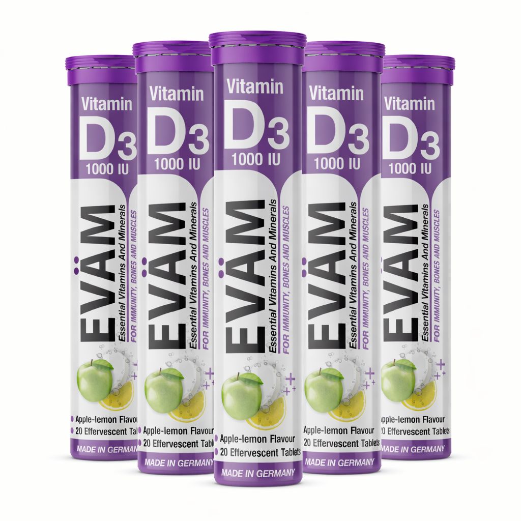 Fünf Tuben EVÄM Vitamin D3. Jede Tube enthält 20 Brausetabletten. Aufschrift: Vitamin D3 1000 IU, Apfel-Zitronen-Geschmack.