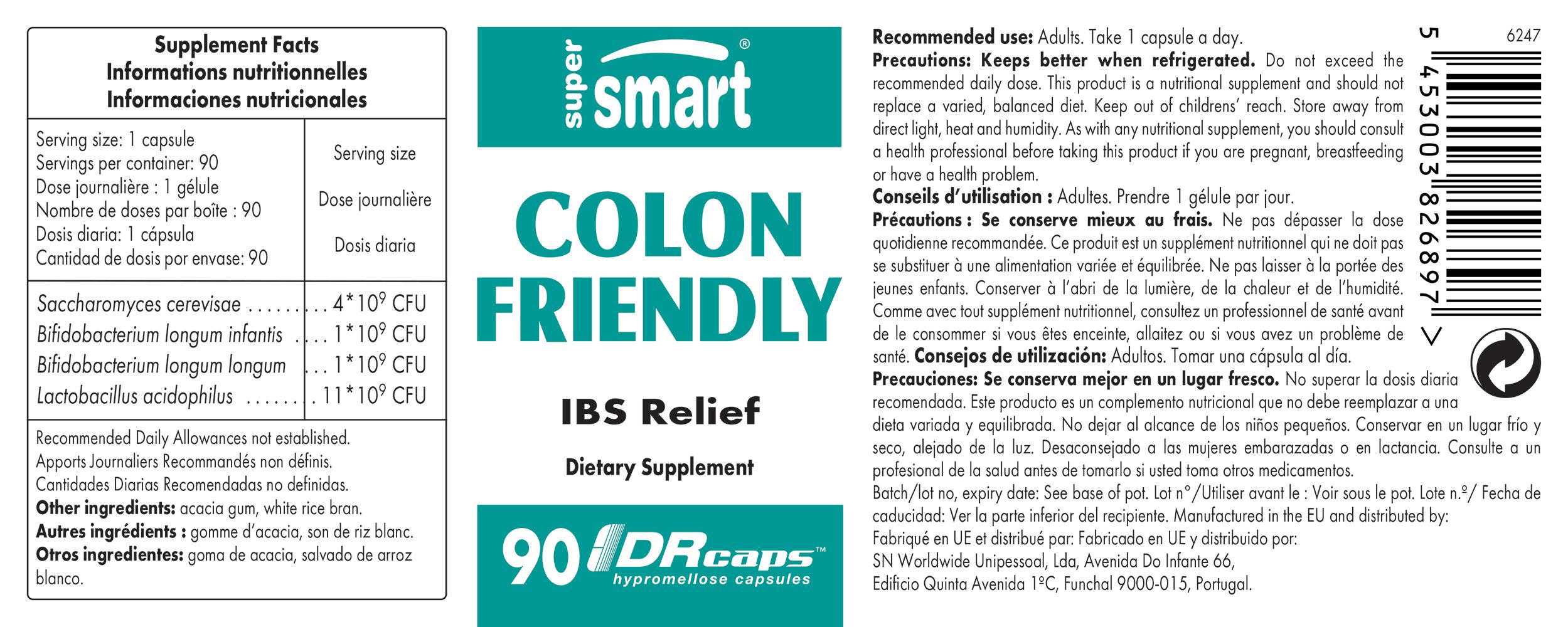 Etikett mit "Colon Friendly" und "IBS Relief" Schriftzug. Enthält Informationen zu Inhaltsstoffen und Dosierung. 90 Kapseln.