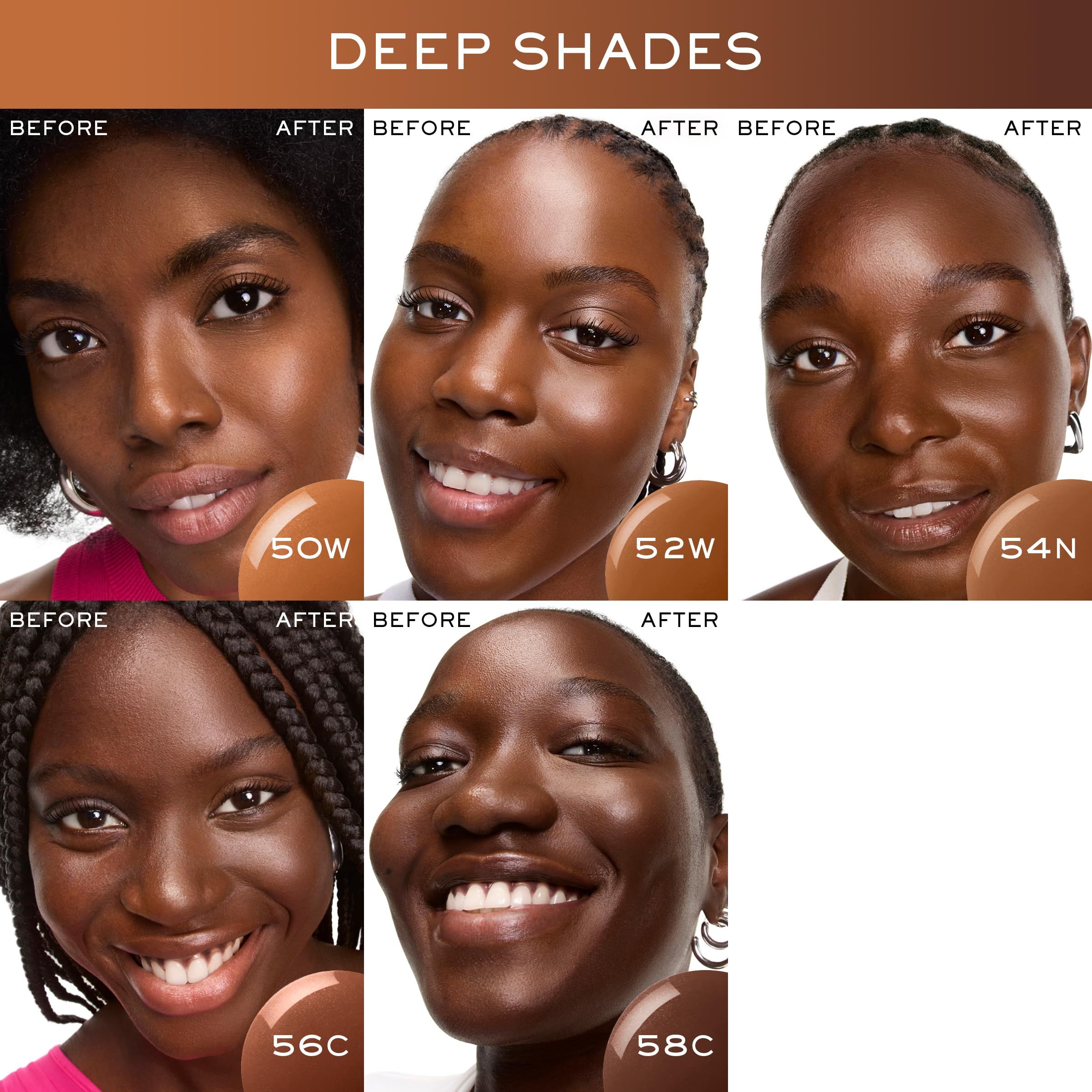 Vorher-Nachher-Vergleich. Sechs Frauen mit verschiedenen Hauttönen. Farbtonnummern sind sichtbar.