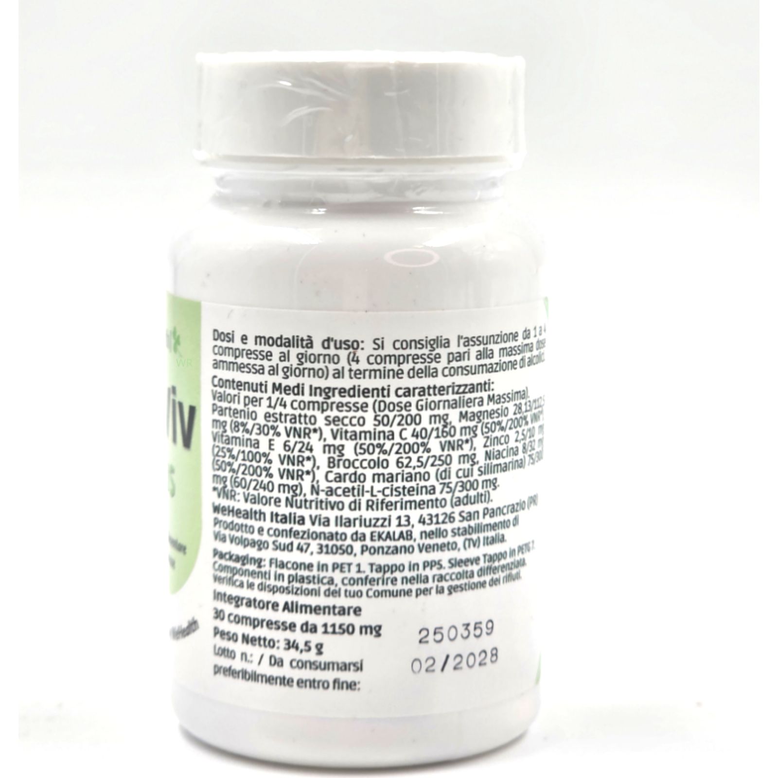 WeHealth ReViv PLUS. Weiße Flasche mit Etikett. Enthält 30 Tabletten. Rückseite mit Inhaltsangaben und Verfallsdatum.