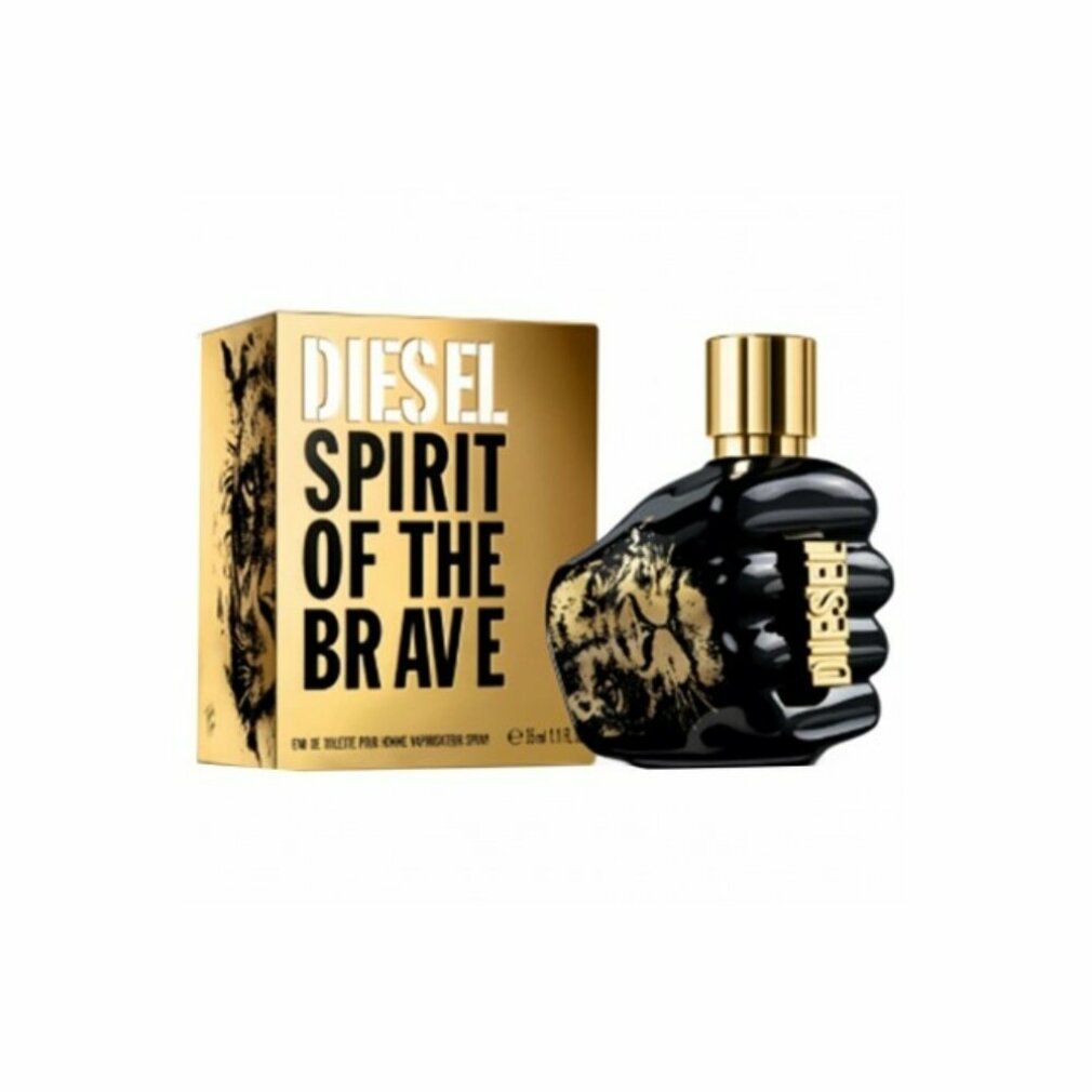 Schwarzer Flakon in Faustform und goldfarbener Karton. Aufschrift: Diesel Spirit of The Brave.