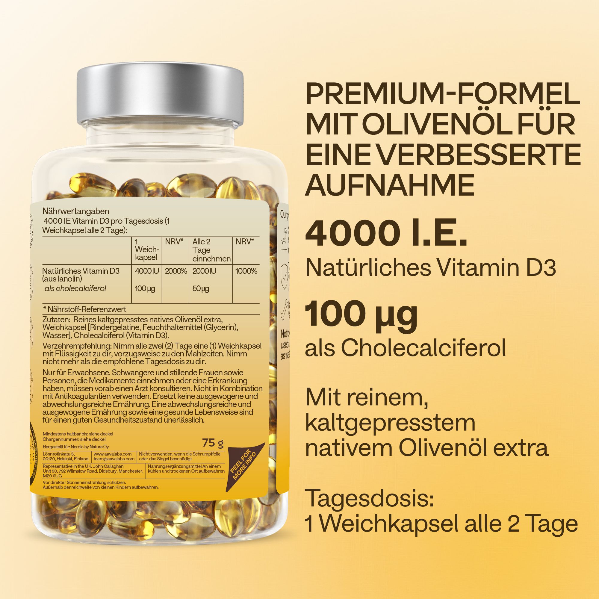 Rückseite der Flasche mit Text. Nährwertangaben: 4000 IE Vitamin D3. Tagesdosis: 1 Weichkapsel alle 2 Tage.