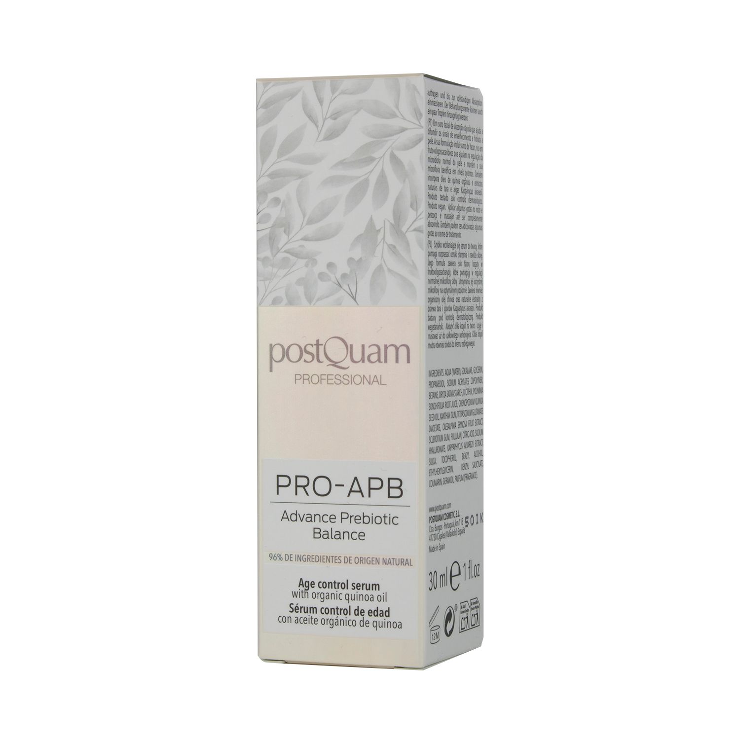 Kartonverpackung mit Aufschrift: Postquam, PRO-APB, Advance Prebiotic Balance. Blättermuster. 30 ml. Text in mehreren Sprachen.