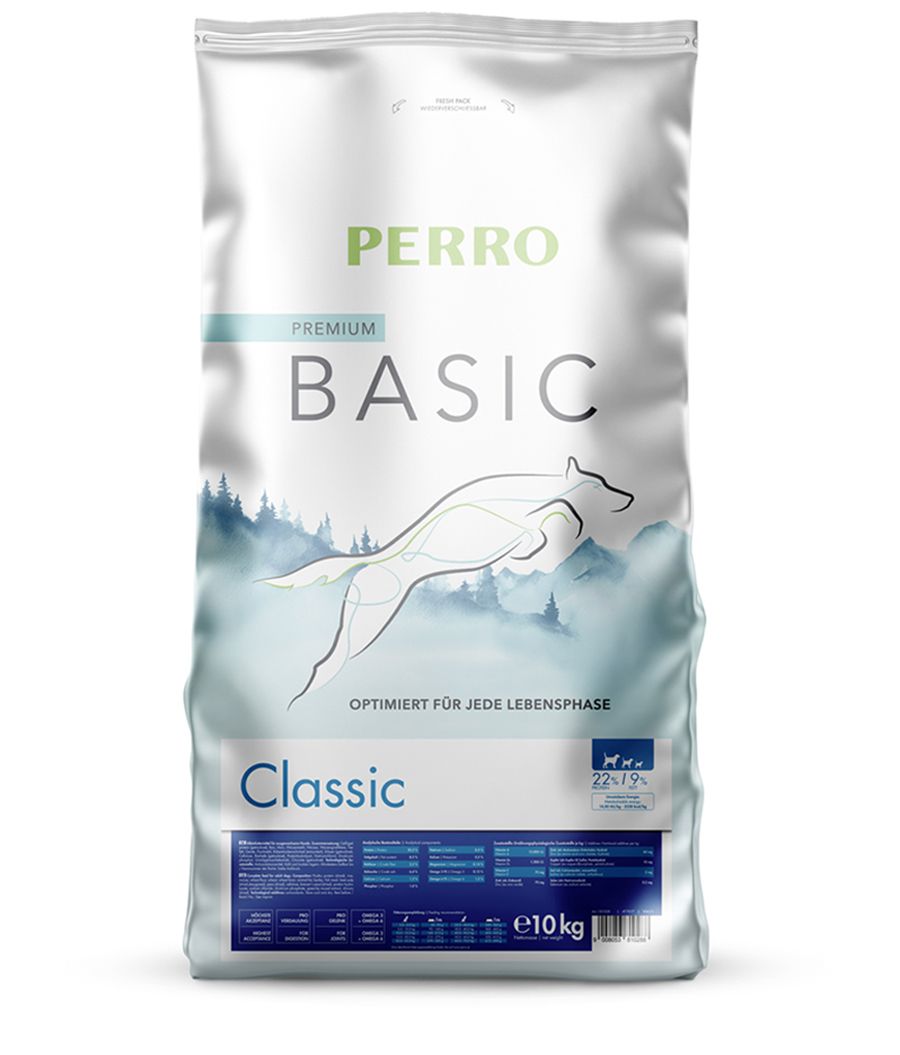 Weißer Beutel mit PERRO-Hundefutter. Aufschrift: BASIC, Classic. Abbildung eines springenden Hundes. Gewicht: 10 kg.