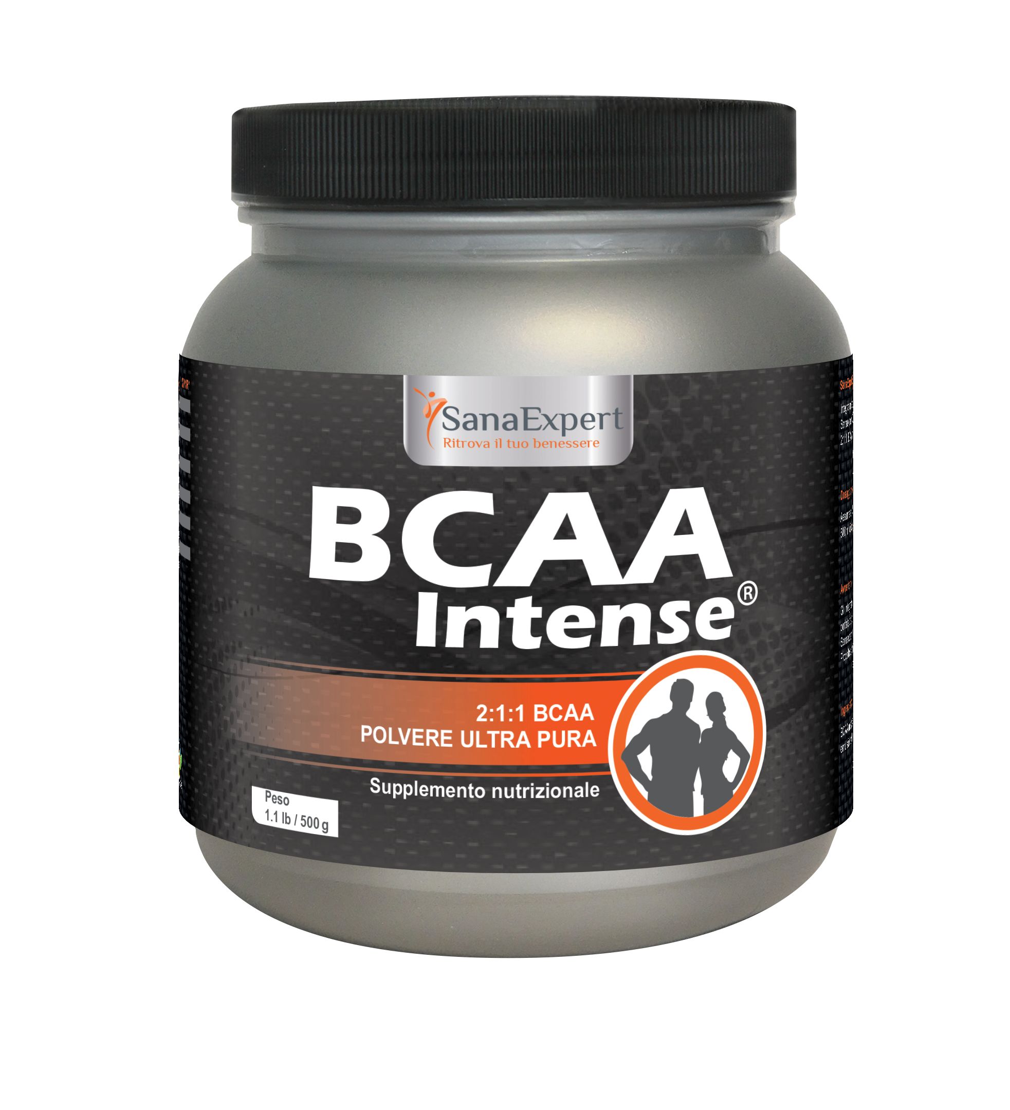 SanaExpert BCAA Intense Pulverbehälter mit Etikett, das Aminosäuren und ein Mann-Frau-Symbol zeigt.