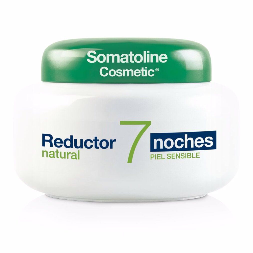 Weißer Tiegel mit grünem Deckel. Aufschrift: Somatoline Cosmetic, Reductor natural, 7 noches, piel sensible.