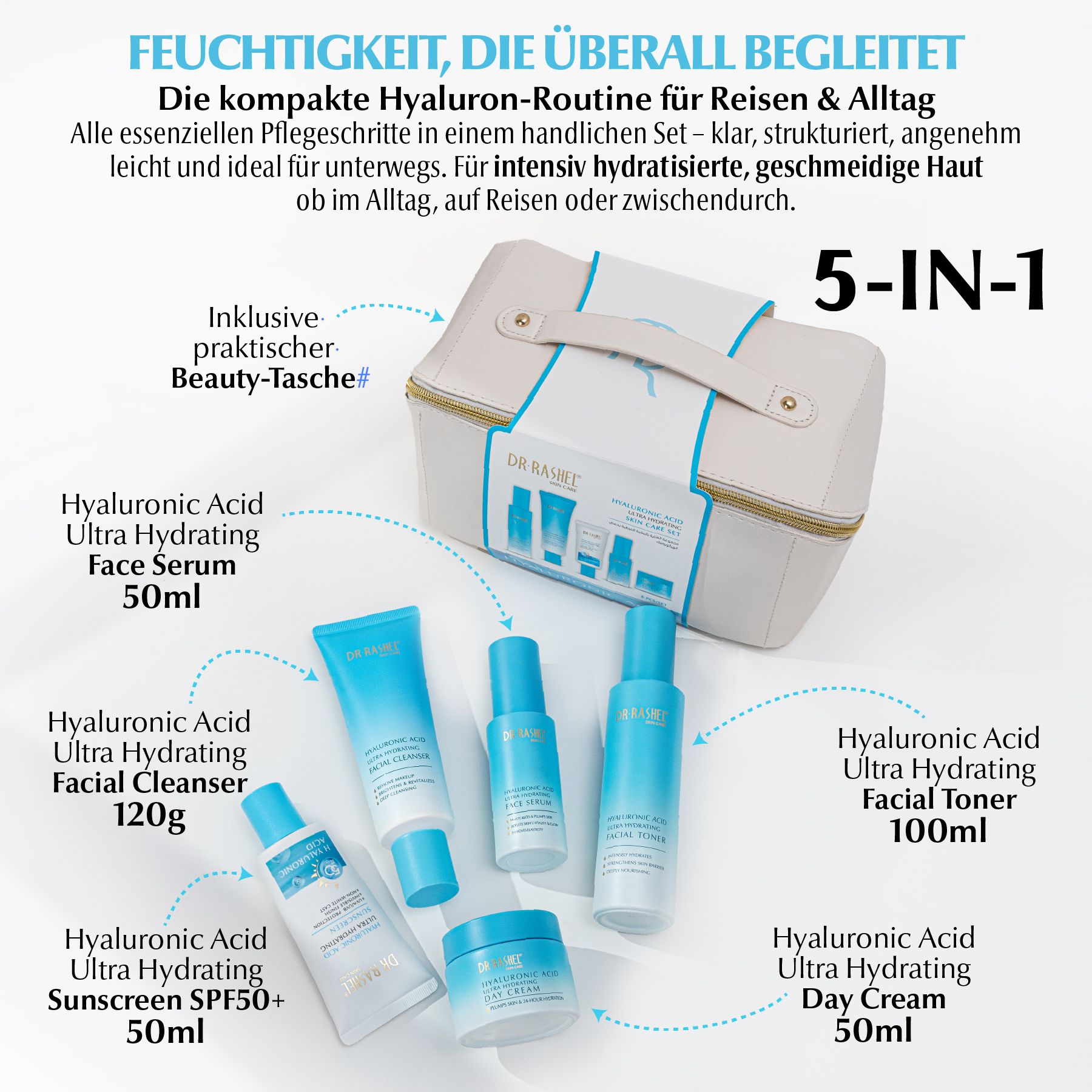 DR RASHEL Gesichtspflege-Set Hyaluronic Acid Serum Cream Cleanser Toner SPF