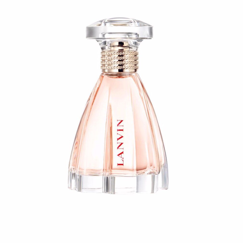 Parfümflasche aus Glas. Rosa Flüssigkeit. Klarer Verschluss. Goldener Ring am Hals. Roter Schriftzug LANVIN auf der Flasche.