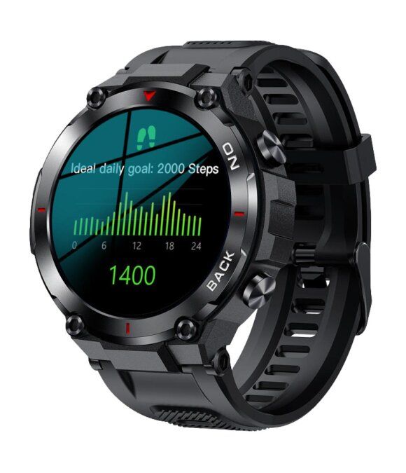 Schwarze Smartwatch mit rundem Display. Zeigt Schritte und Tagesziel an. Mit Armband und Knöpfen.