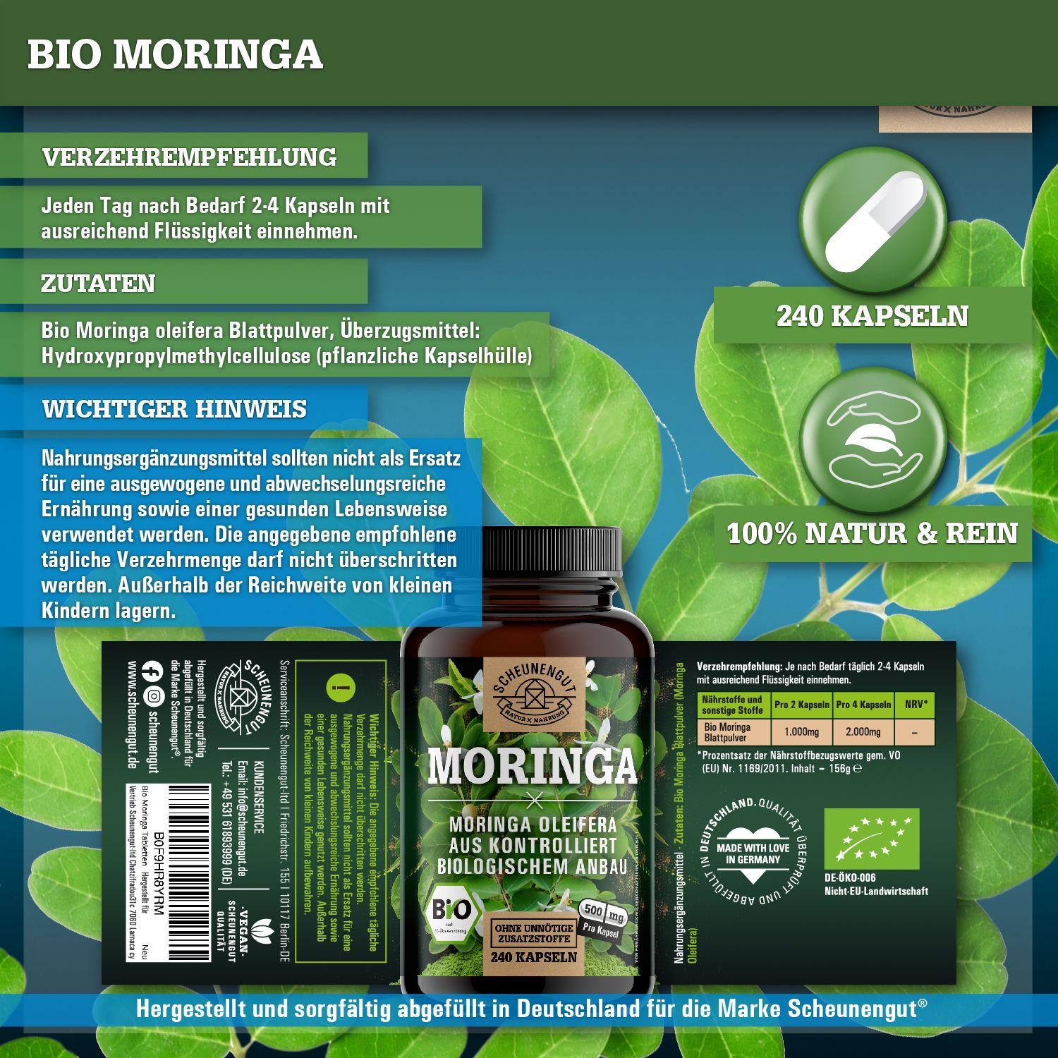 Produktabbildung mit Flasche Moringa-Kapseln und Verpackung. Zeigt Zutaten, Verzehrempfehlung und wichtige Hinweise.
