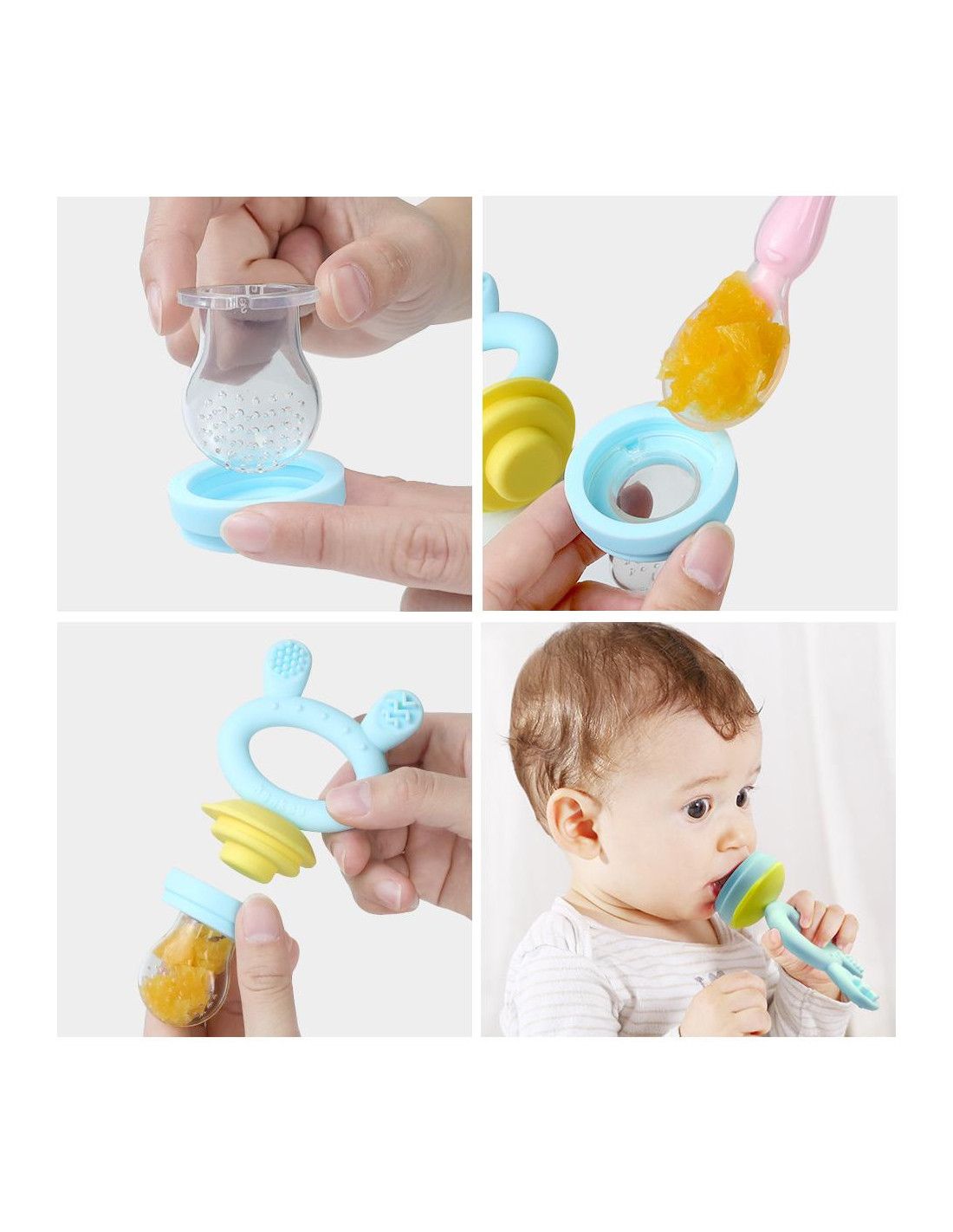 Vier Bilder zeigen die Montage und Anwendung des Fruchtsaugers und Beißrings. Ein Baby benutzt das Produkt.
