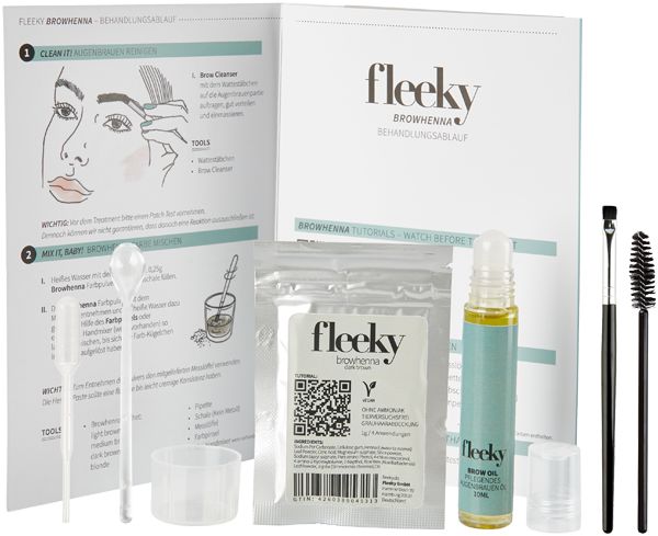 Fleeky Browhenna Kit mit Zubehör und Anleitung. Pinsel, Bürste, Ölflasche, Henna-Beutel, Messbecher, Pipette.