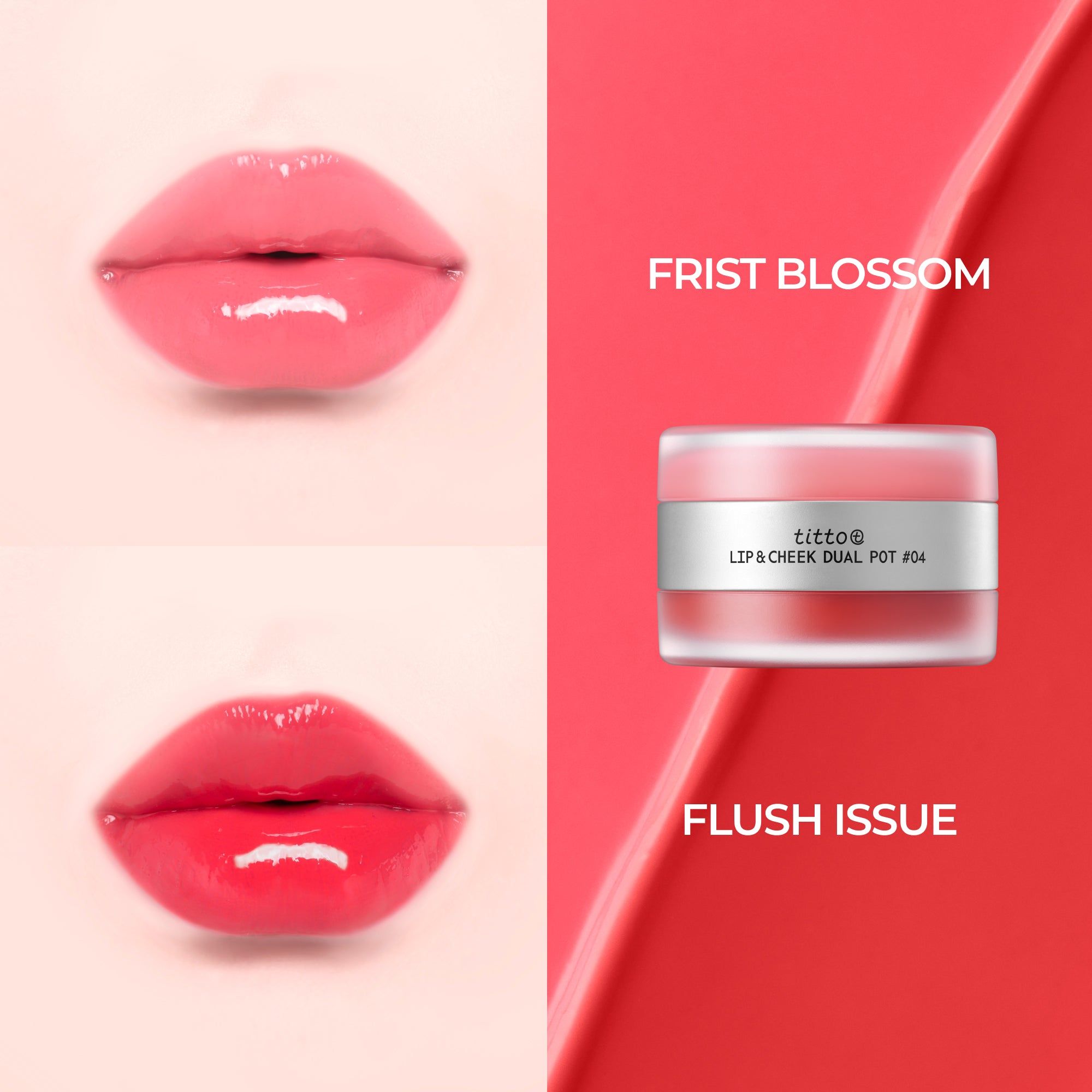 Lippen und Produkt. Text: First Blossom, Flush Issue. Lip & Cheek Dual Pot #04.