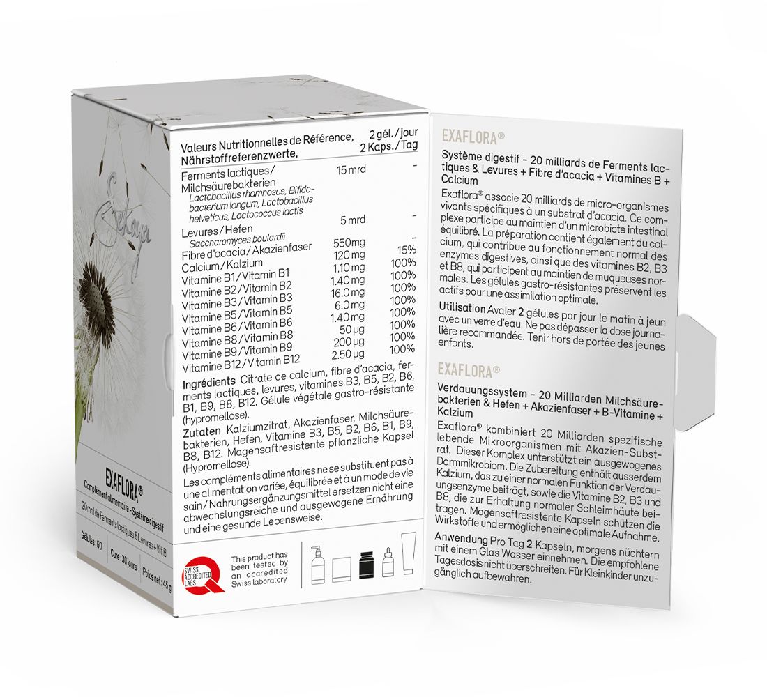 Geöffnete Produktverpackung mit Inhaltsstoffen und Nährwertangaben von Exaflora. Text in Deutsch und Französisch.